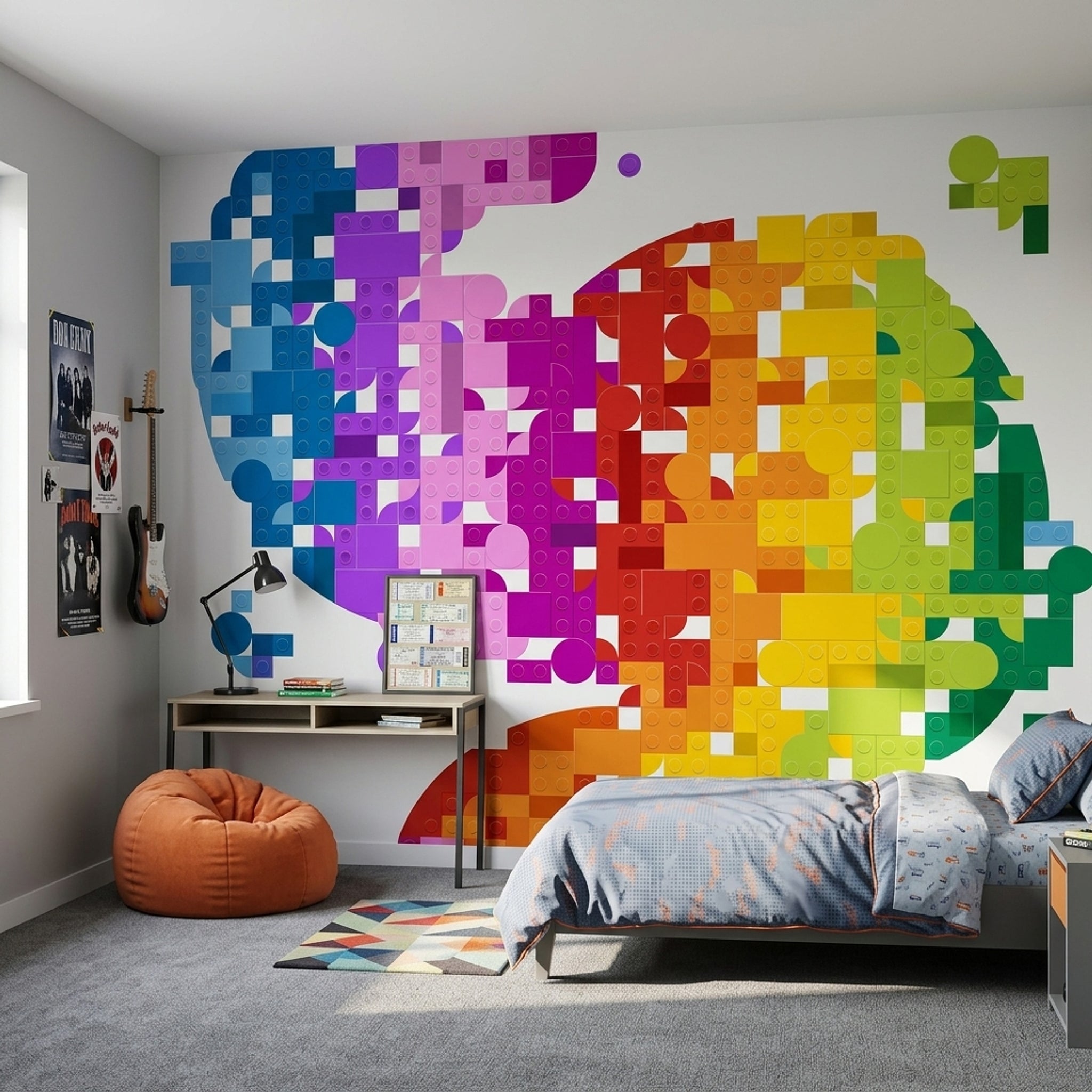 Renkli Geometrik Bloklu Poster Duvar Kağıdı Modern Genç Odası