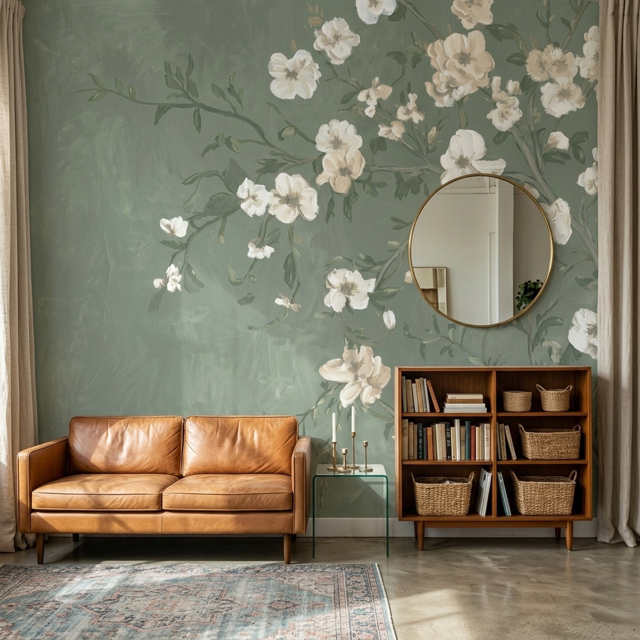 Beyaz Çiçekli Poster Duvar Kağıdı Yeşil Zemin Yatak Odası