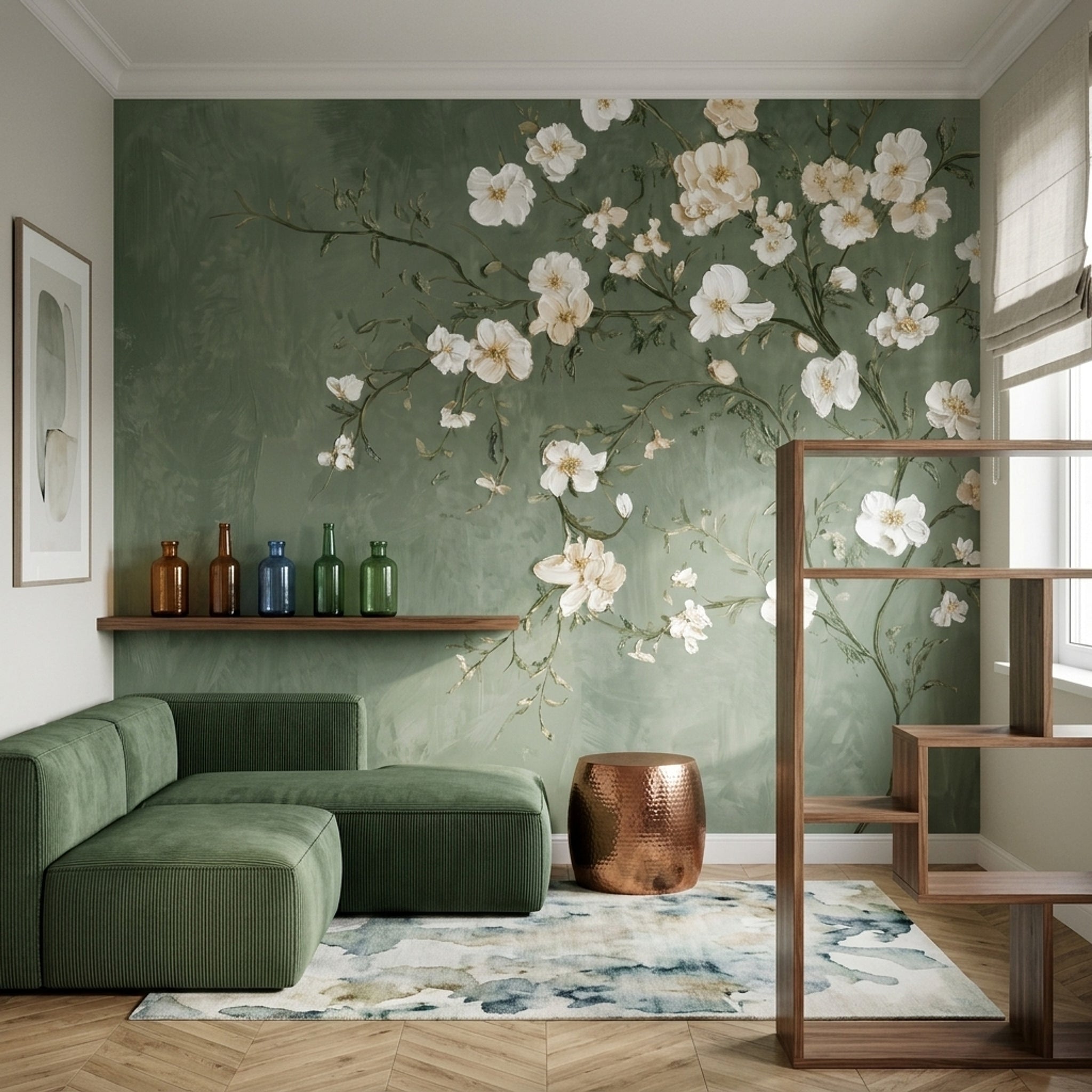Beyaz Çiçek Dallı Poster Duvar Kağıdı Yeşil Salon