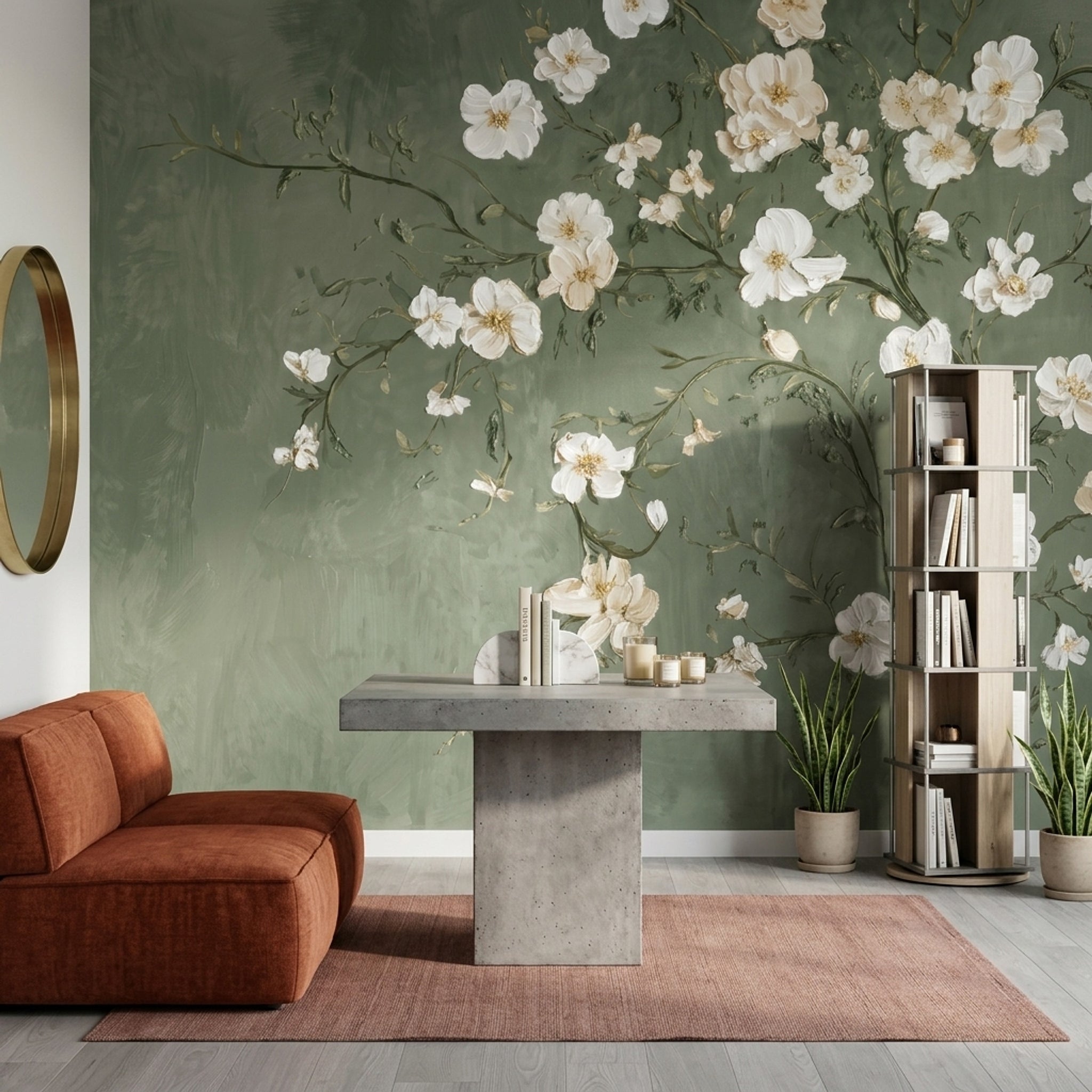 Beyaz Çiçek Dallı Poster Duvar Kağıdı Yeşil Salon