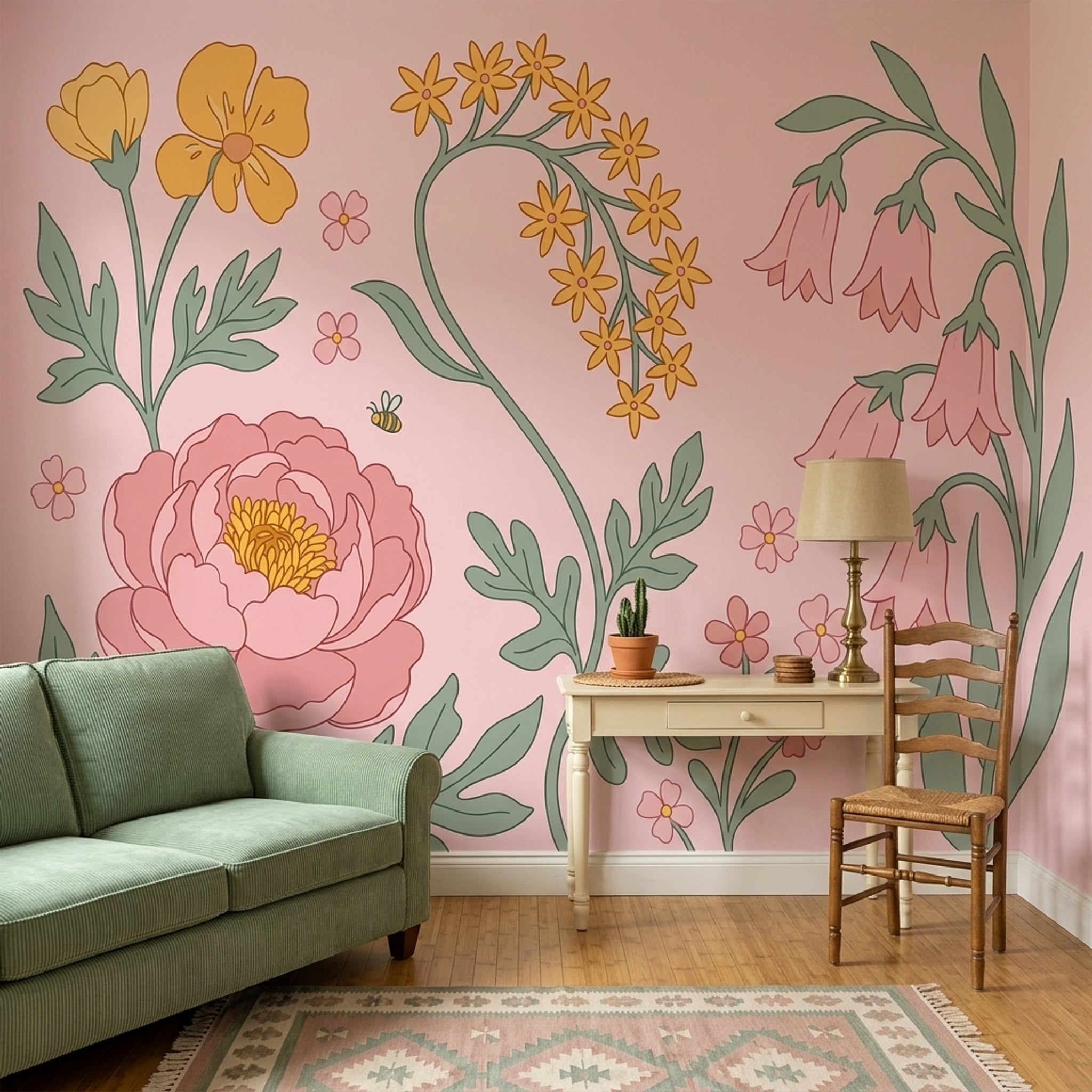 Çizim Çiçekli Poster Duvar Kağıdı Pudra Pembe Salon