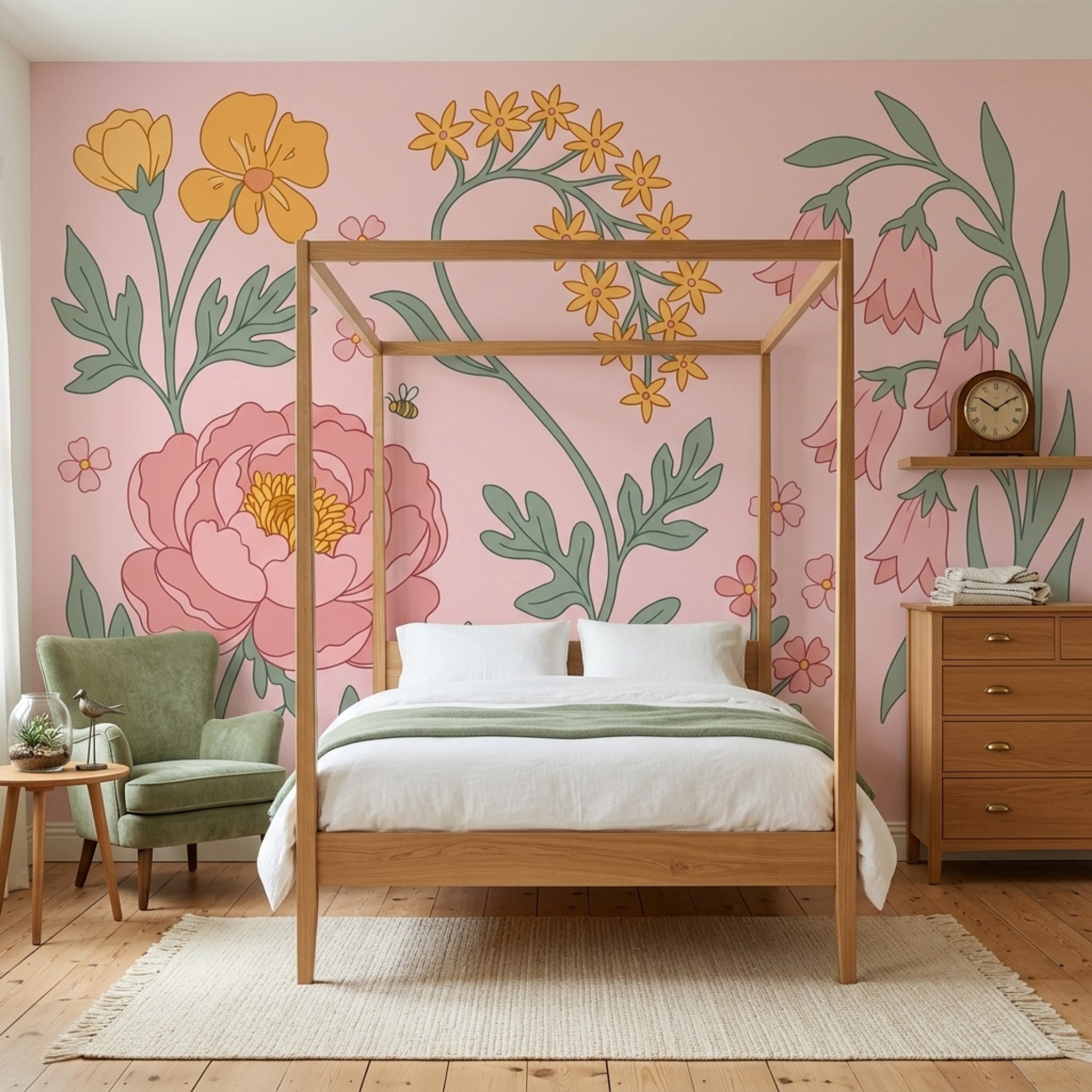 Çizim Çiçekli Poster Duvar Kağıdı Pudra Pembe Salon