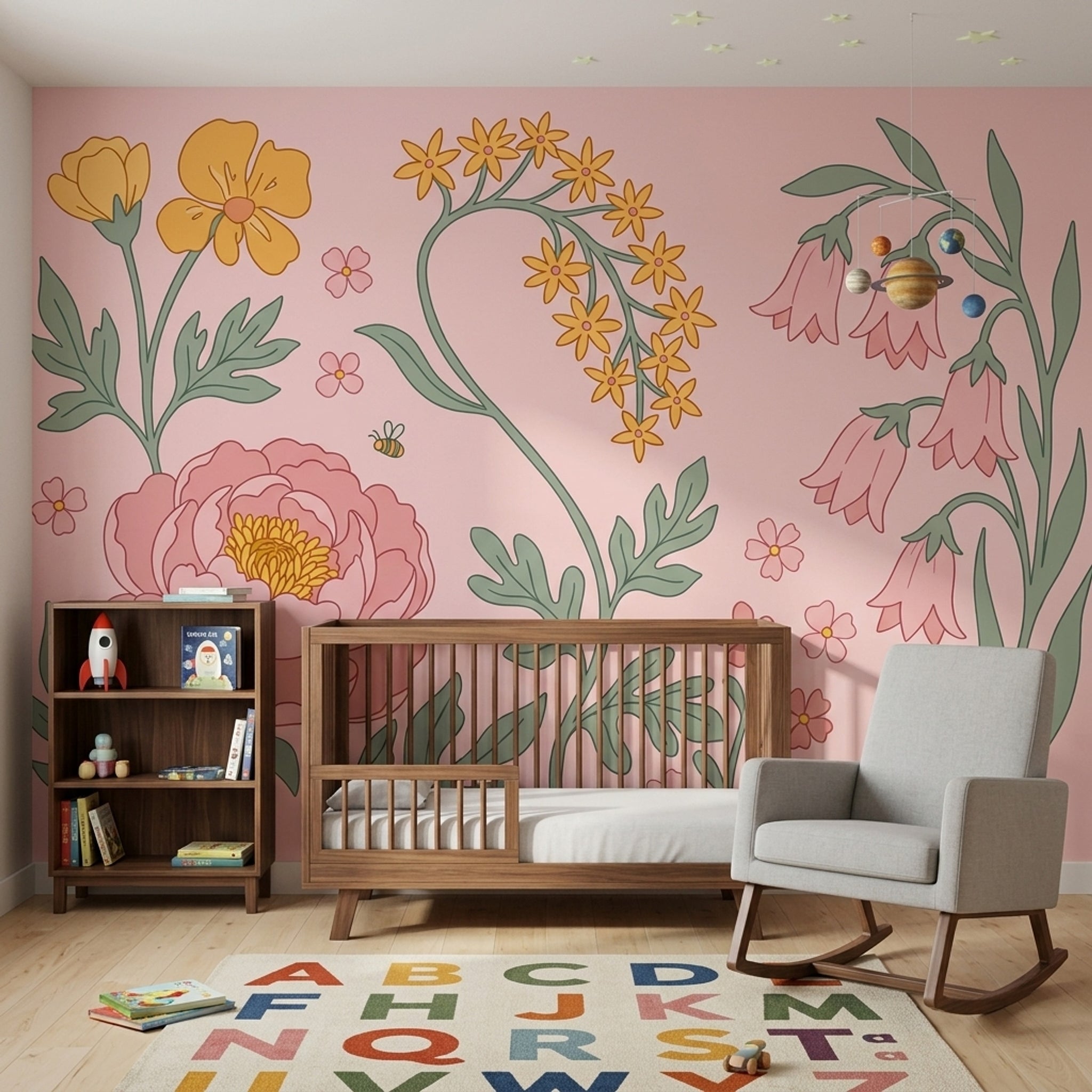 Çizim Çiçekli Poster Duvar Kağıdı Pudra Pembe Salon