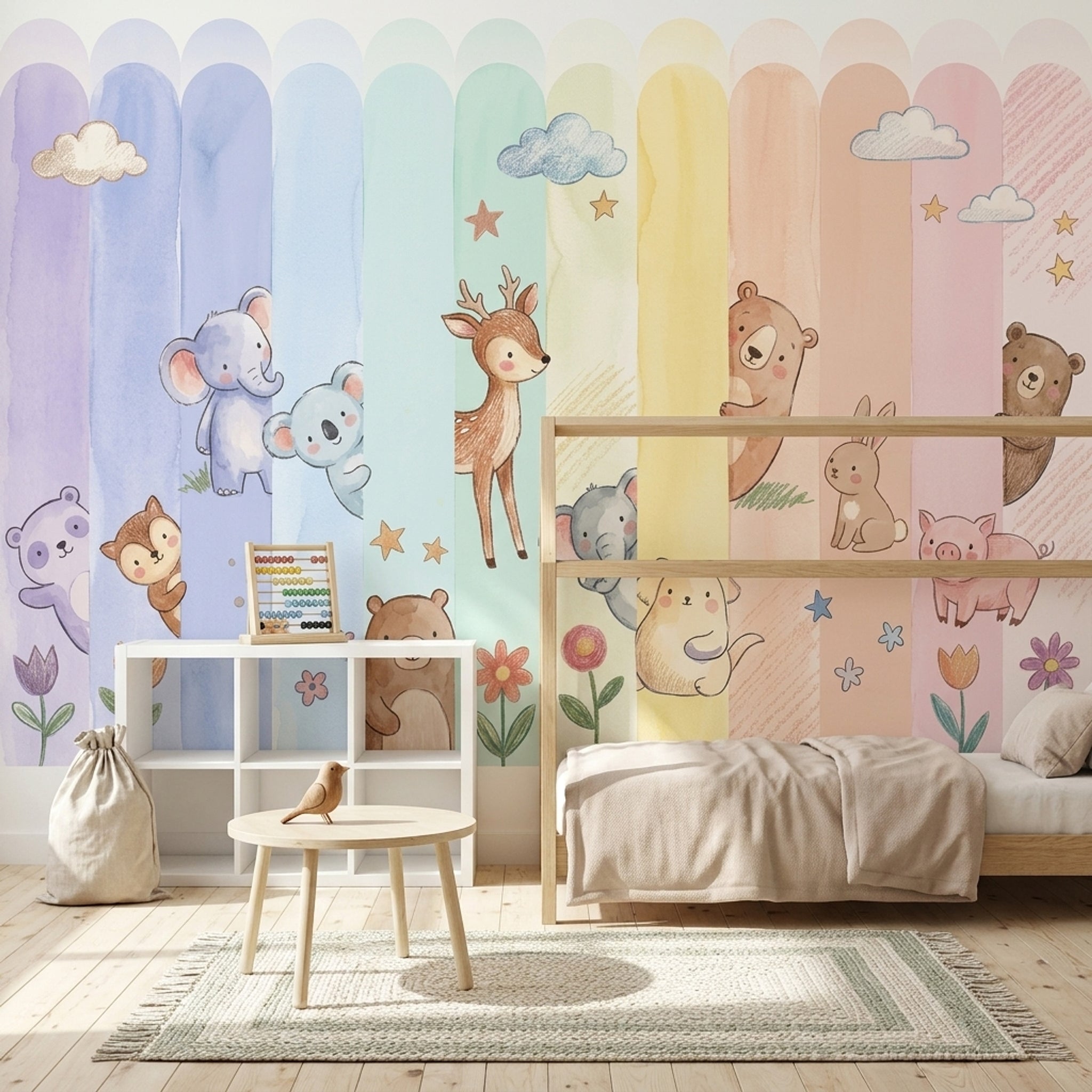 Pastel Orman Hayvanları Poster Duvar Kağıdı Çocuk Odası Desenli