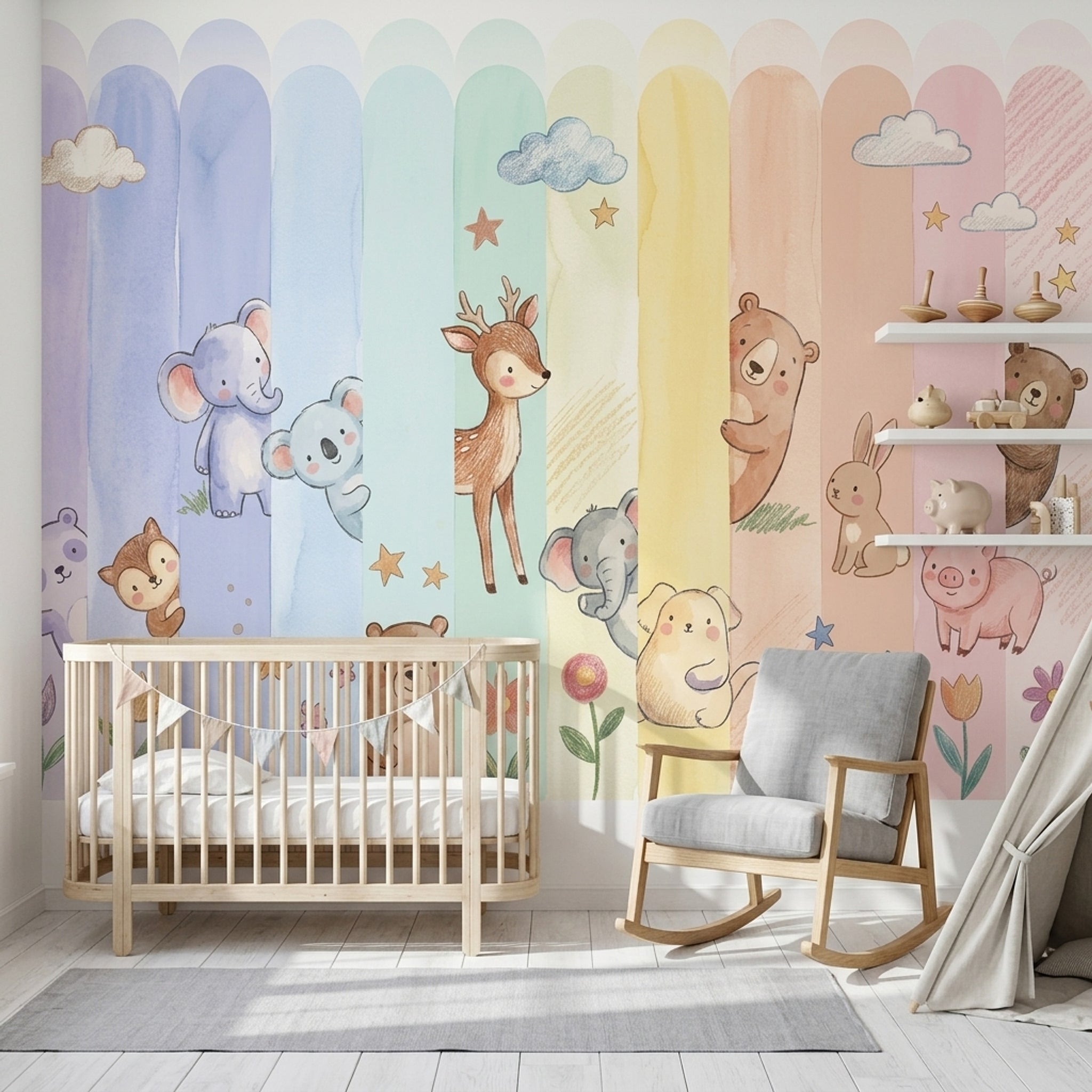 Pastel Orman Hayvanları Poster Duvar Kağıdı Çocuk Odası Desenli