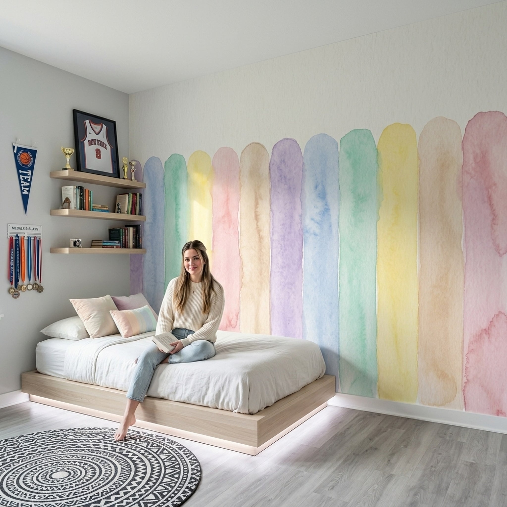 Pastel Renk Şeritli Poster Duvar Kağıdı Çocuk Odası Desenli