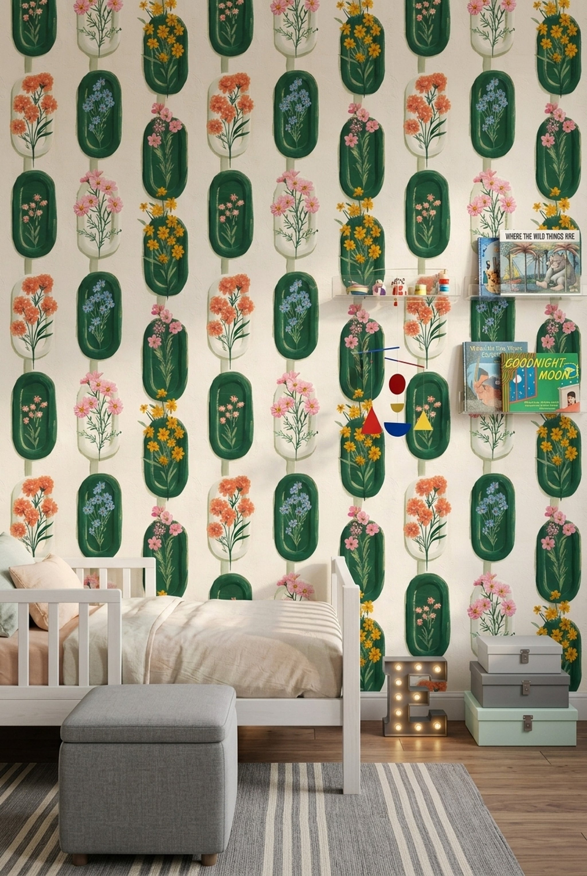 Retro Çiçekli Duvar Kağıdı Yeşil Kapsül Desenli Salon