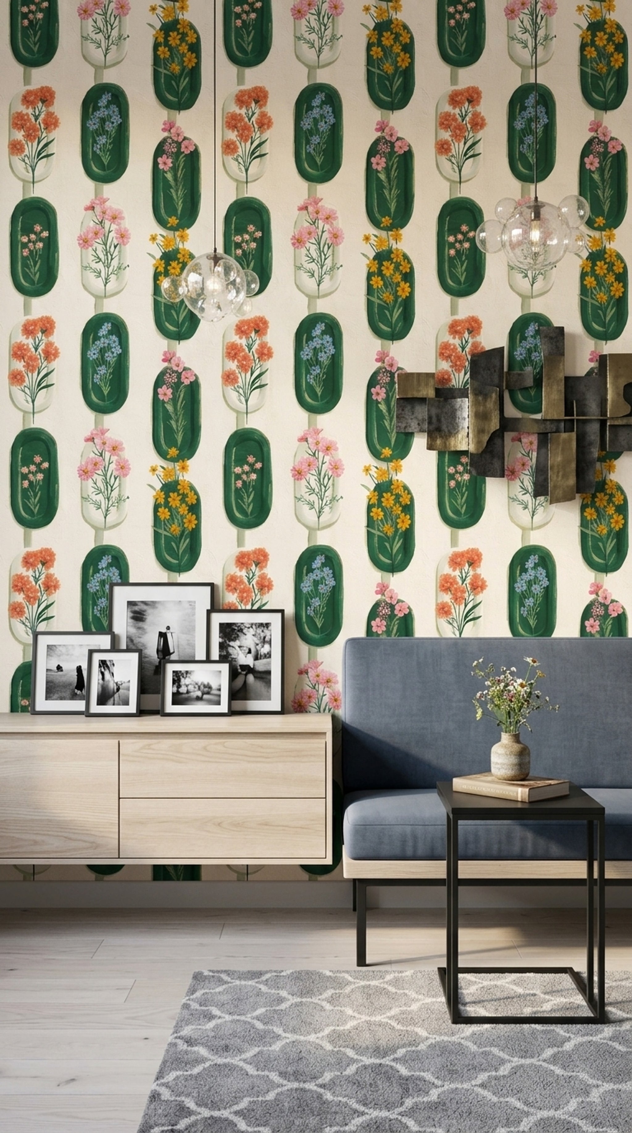 Retro Çiçekli Duvar Kağıdı Yeşil Kapsül Desenli Salon