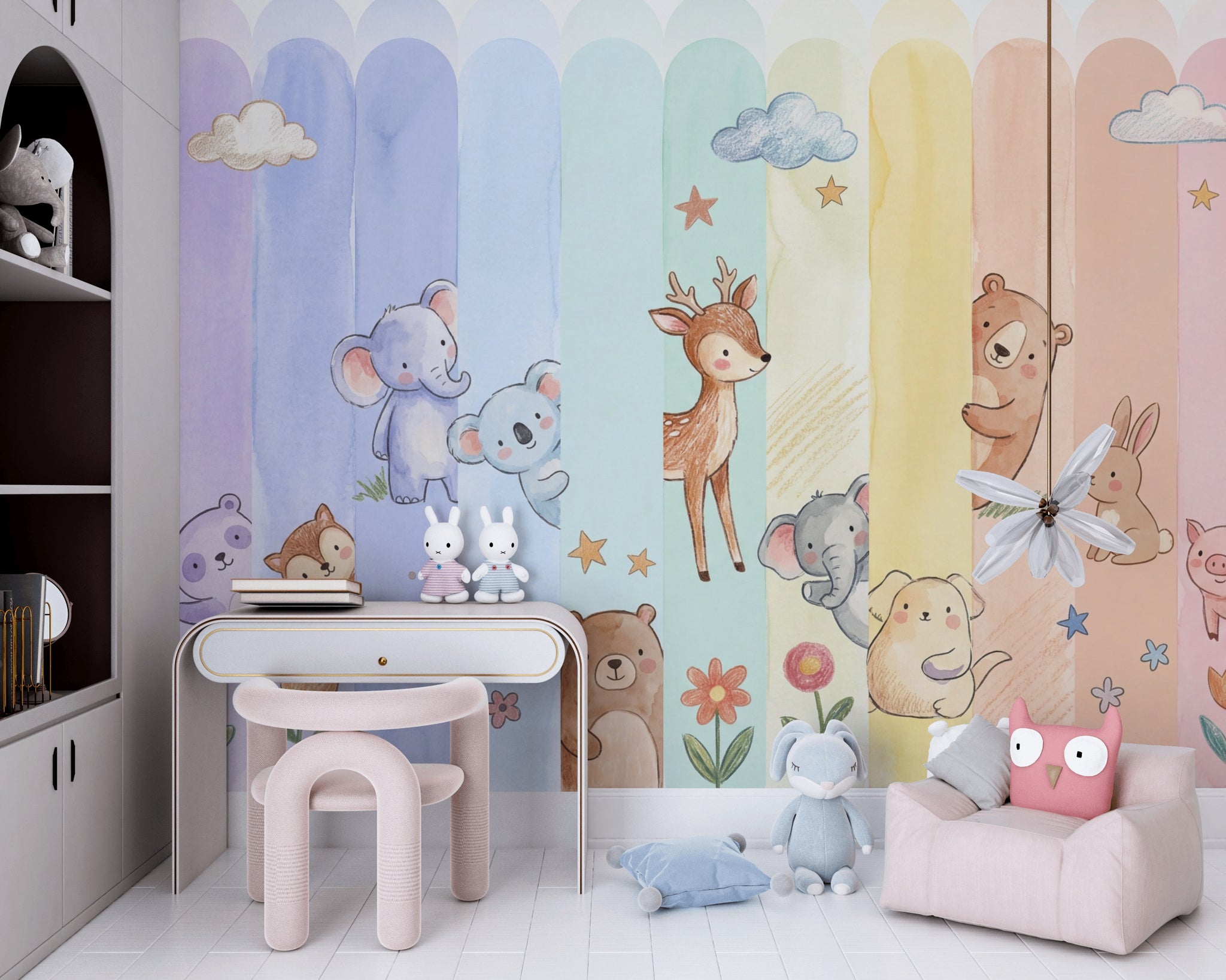 Pastel Orman Hayvanları Poster Duvar Kağıdı Çocuk Odası Desenli