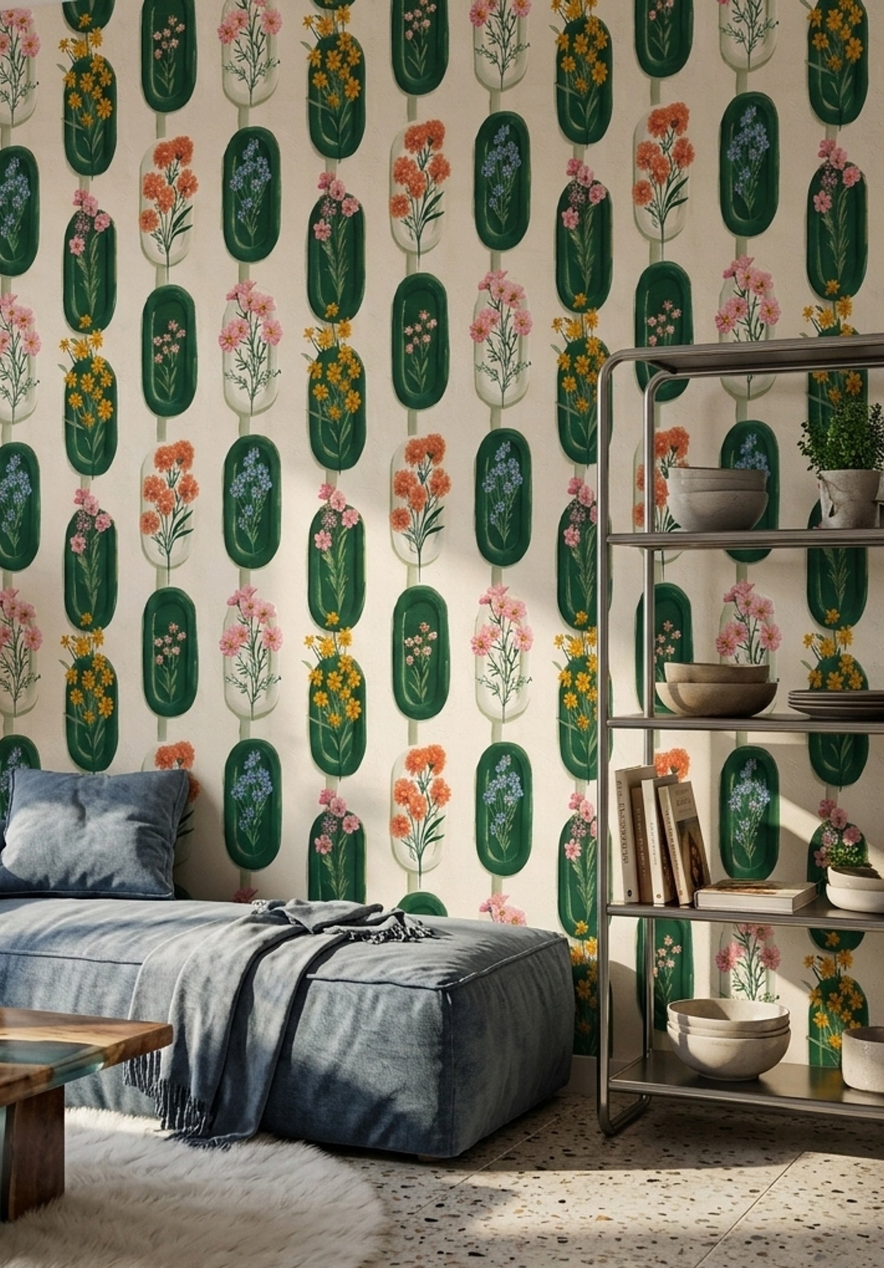 Retro Çiçekli Duvar Kağıdı Yeşil Kapsül Desenli Salon