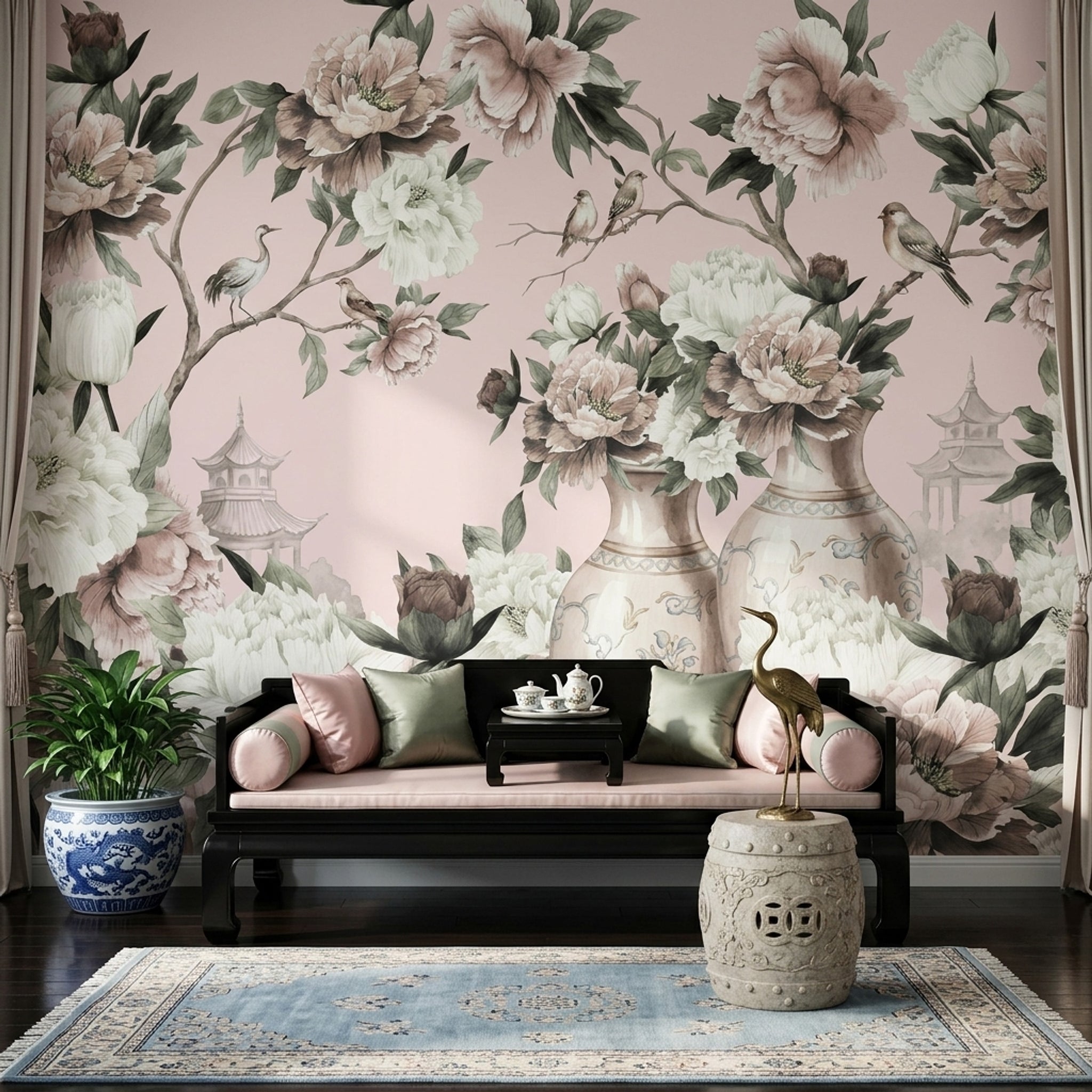 Kuşlu Çiçekli Poster Duvar Kağıdı Pudra Pembe Salon