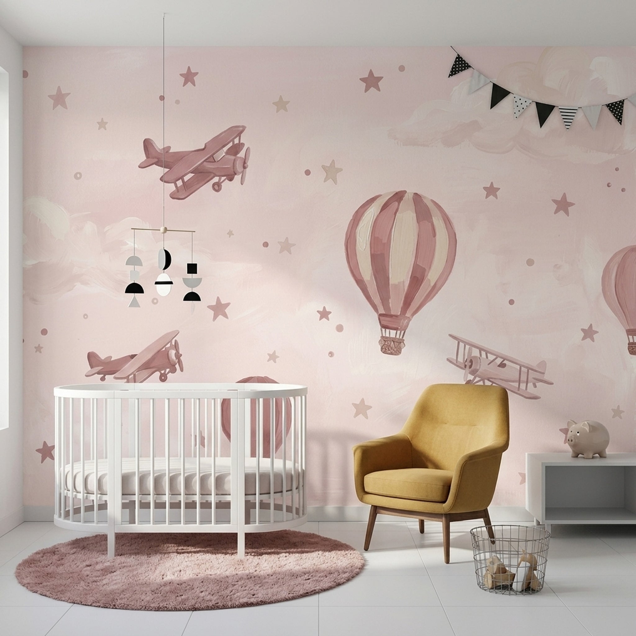 Uçak ve Balonlu Poster Duvar Kağıdı Pudra Pembe Çocuk Odası