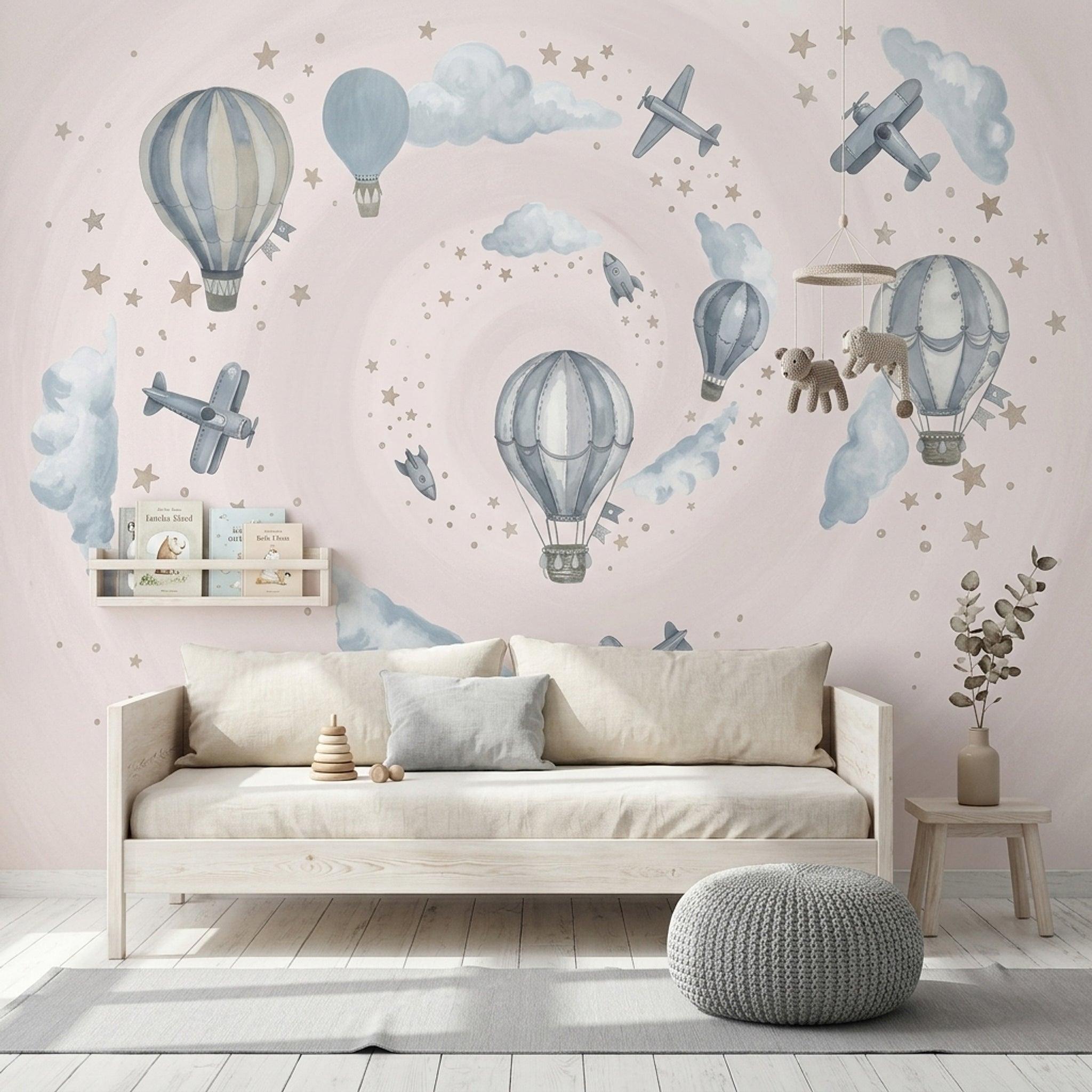 Balon ve Uçaklı Poster Duvar Kağıdı Pastel Mavi Çocuk Odası