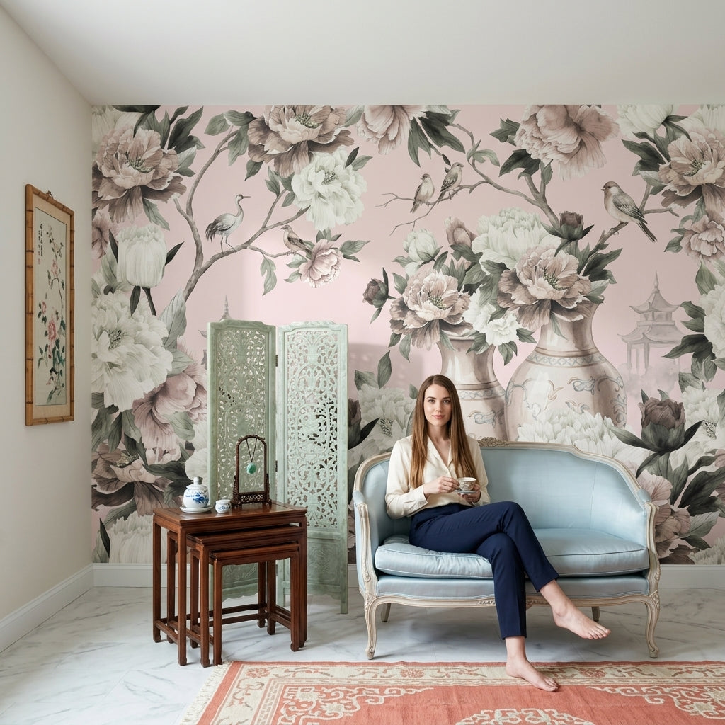 Kuşlu Çiçekli Poster Duvar Kağıdı Pudra Pembe Salon