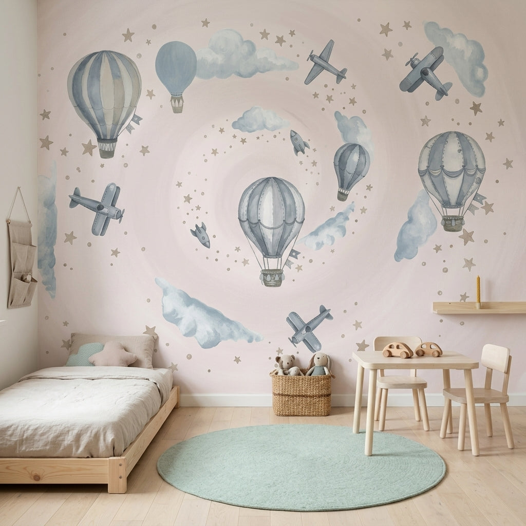 Balon ve Uçaklı Poster Duvar Kağıdı Pastel Mavi Çocuk Odası