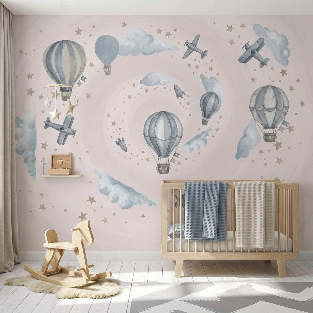 Balon ve Uçaklı Poster Duvar Kağıdı Pastel Mavi Çocuk Odası