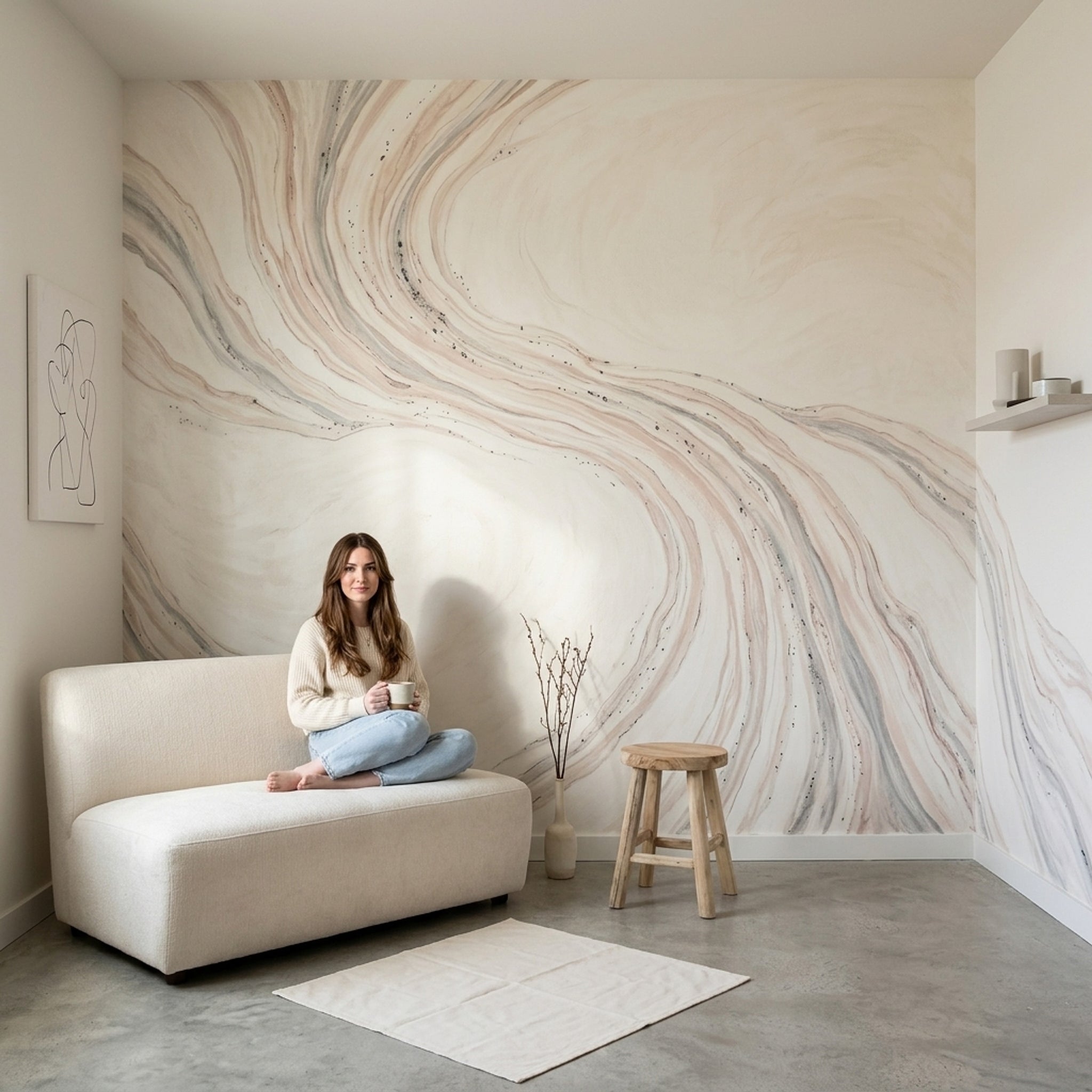 Mermer Görünümlü Poster Duvar Kağıdı Bej Modern Salon
