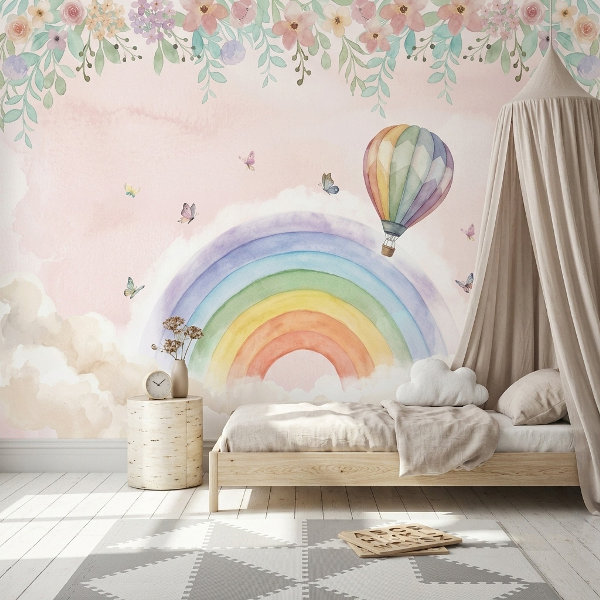 Gökkuşağı ve Balonlu Poster Duvar Kağıdı Çocuk Odası Pastel