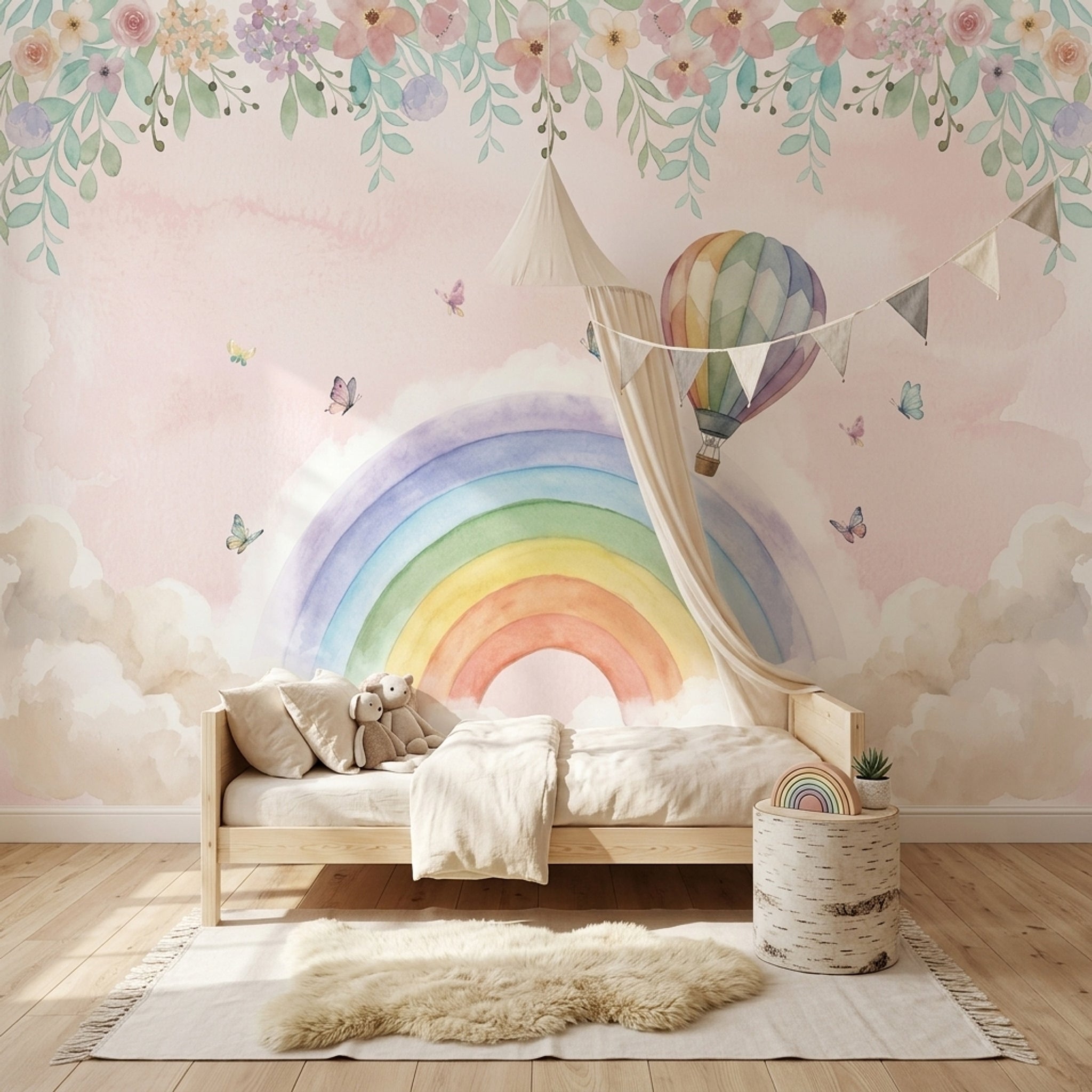 Gökkuşağı ve Balonlu Poster Duvar Kağıdı Çocuk Odası Pastel