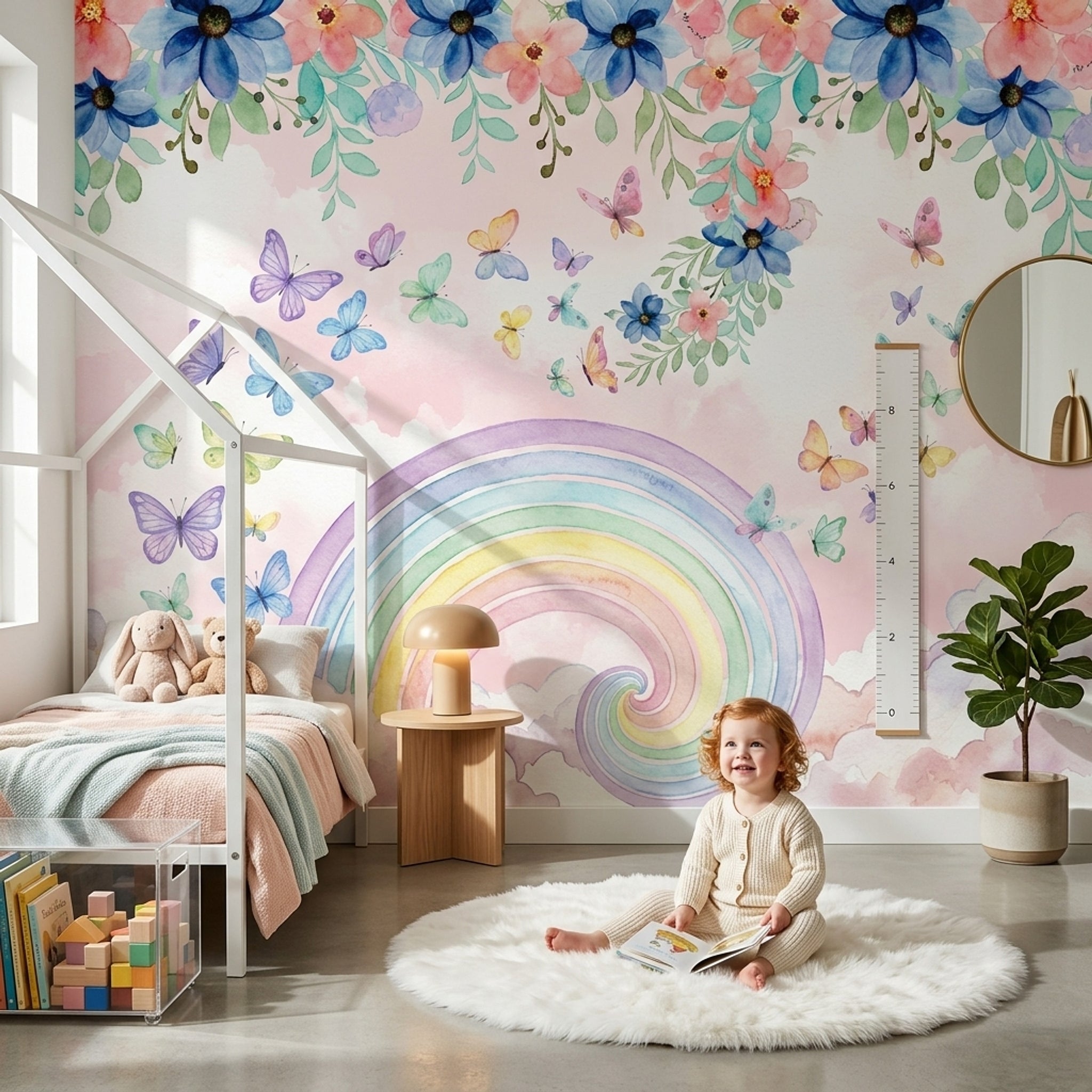 Gökkuşağı ve Kelebekli Poster Duvar Kağıdı Pastel Çocuk Odası