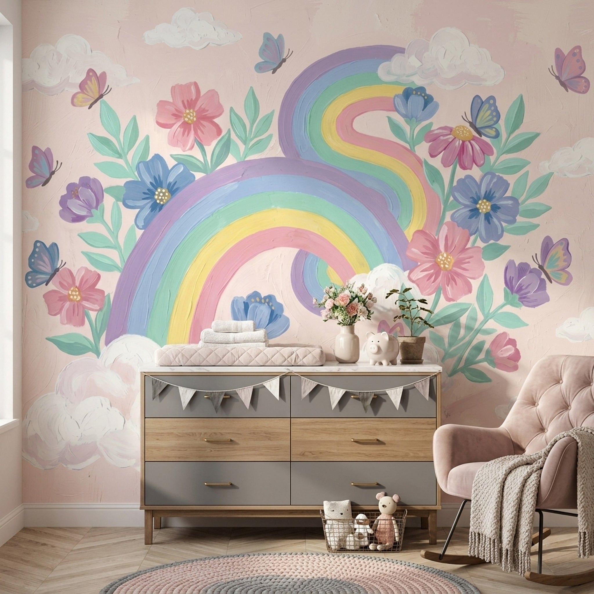 Gökkuşağı ve Kelebekli Poster Duvar Kağıdı Pastel Bebek Odası