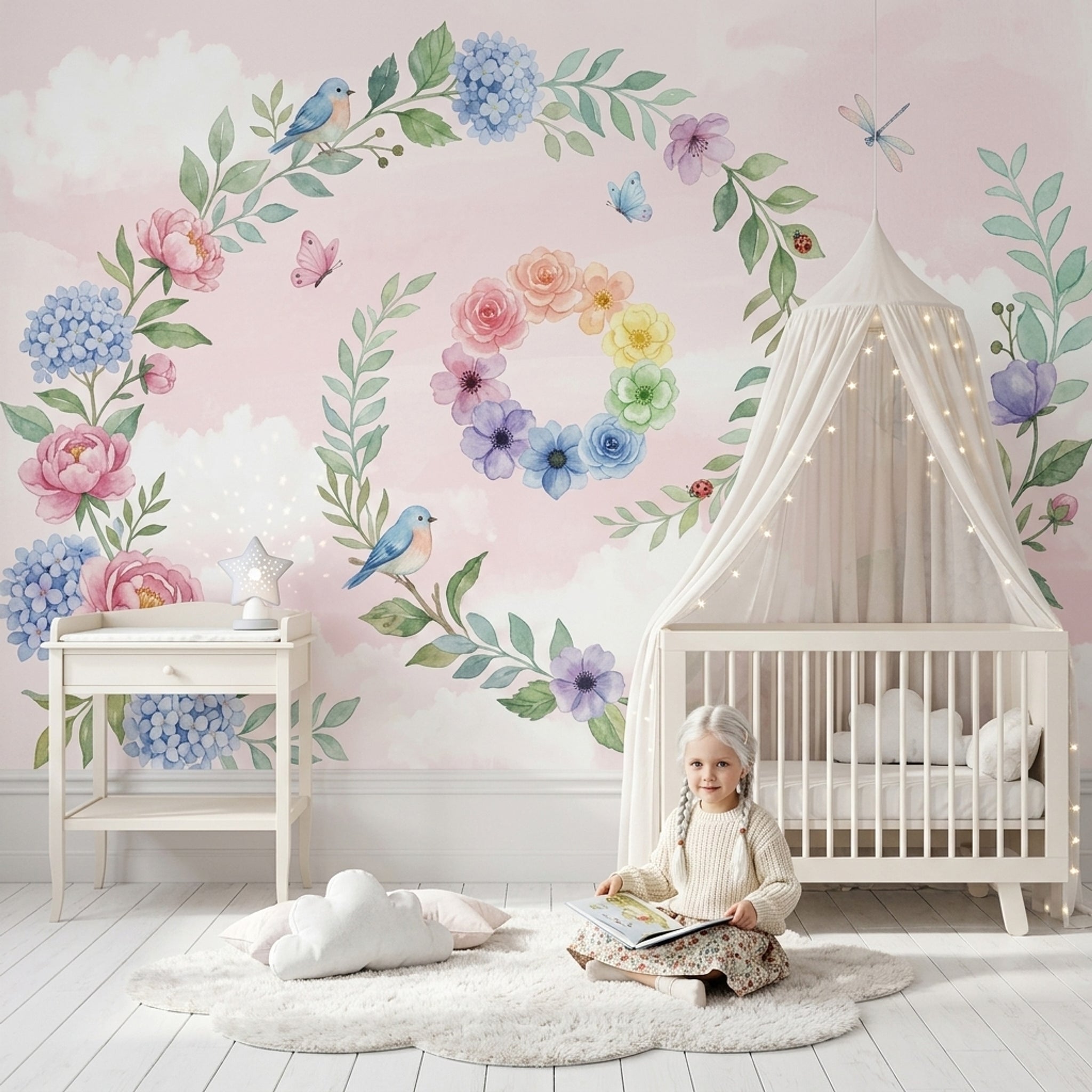 Pastel Çiçekli Kuşlu Poster Duvar Kağıdı Pembe Çocuk Odası