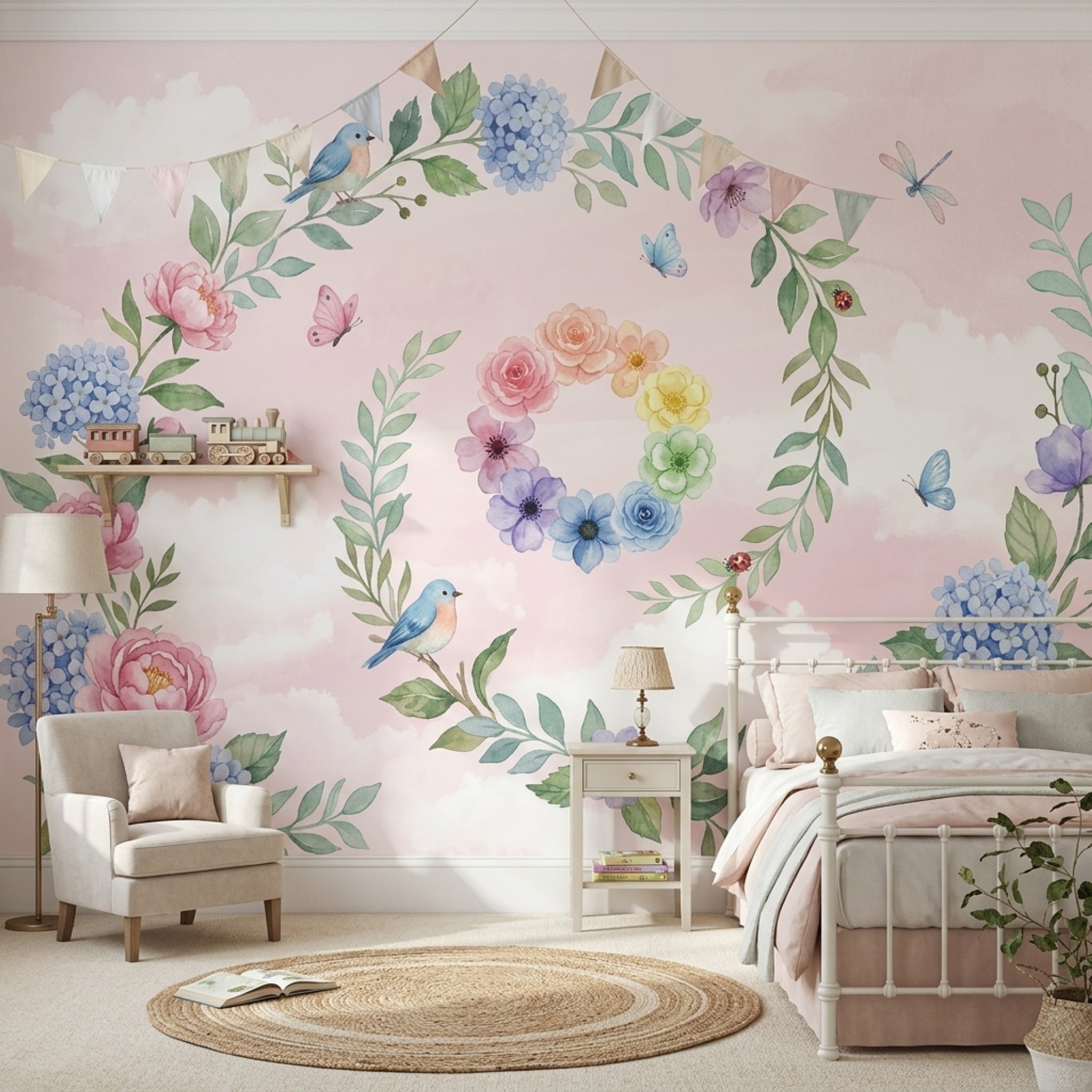 Pastel Çiçekli Kuşlu Poster Duvar Kağıdı Pembe Çocuk Odası