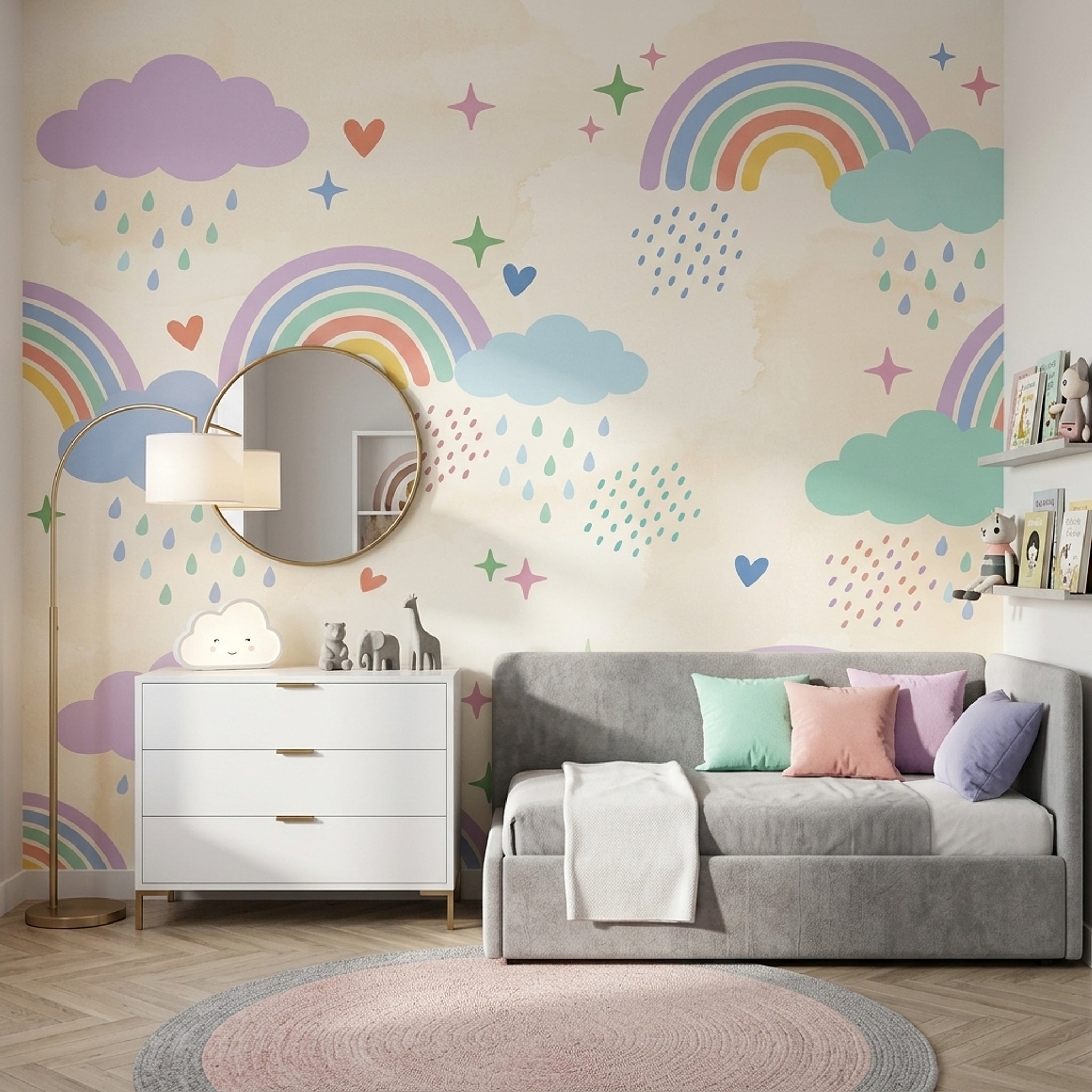 Pastel Gökkuşağı Poster Duvar Kağıdı Bulutlu Çocuk Odası