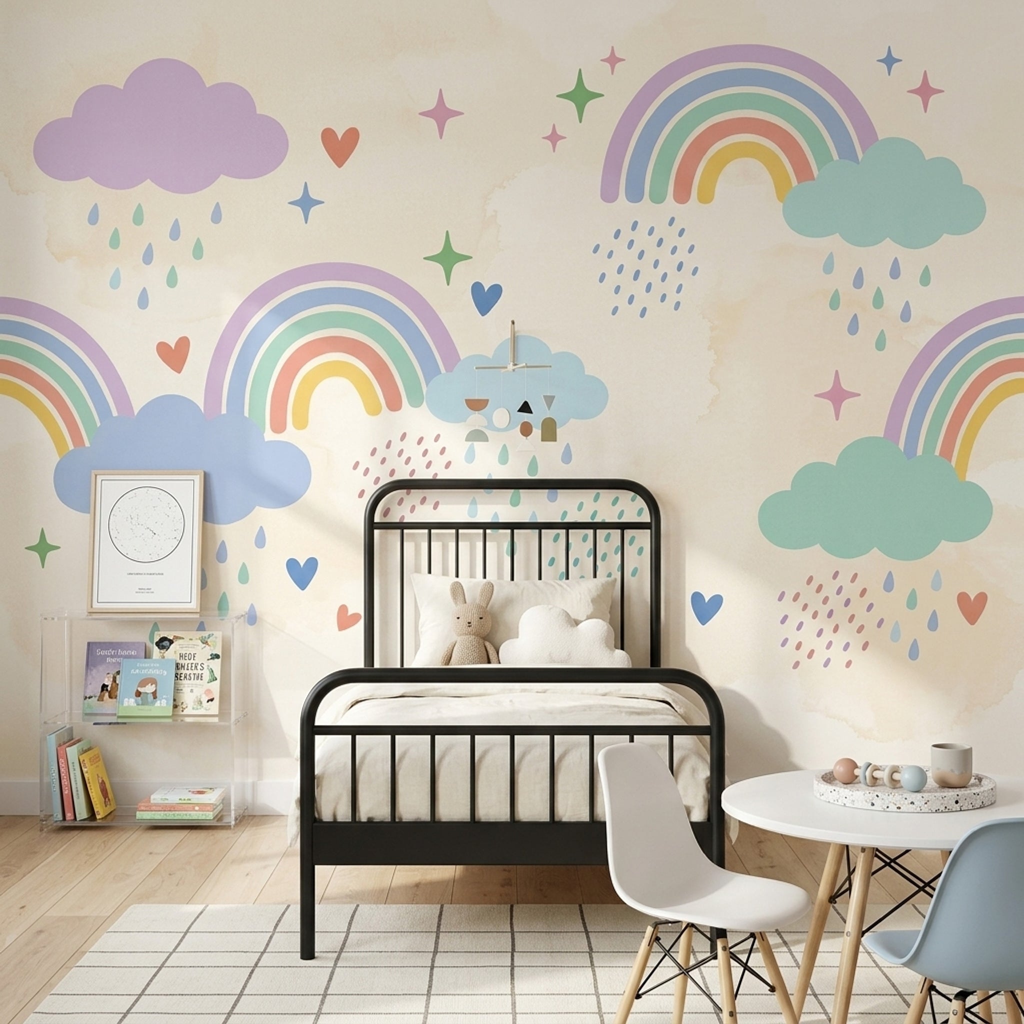 Pastel Gökkuşağı Poster Duvar Kağıdı Bulutlu Çocuk Odası