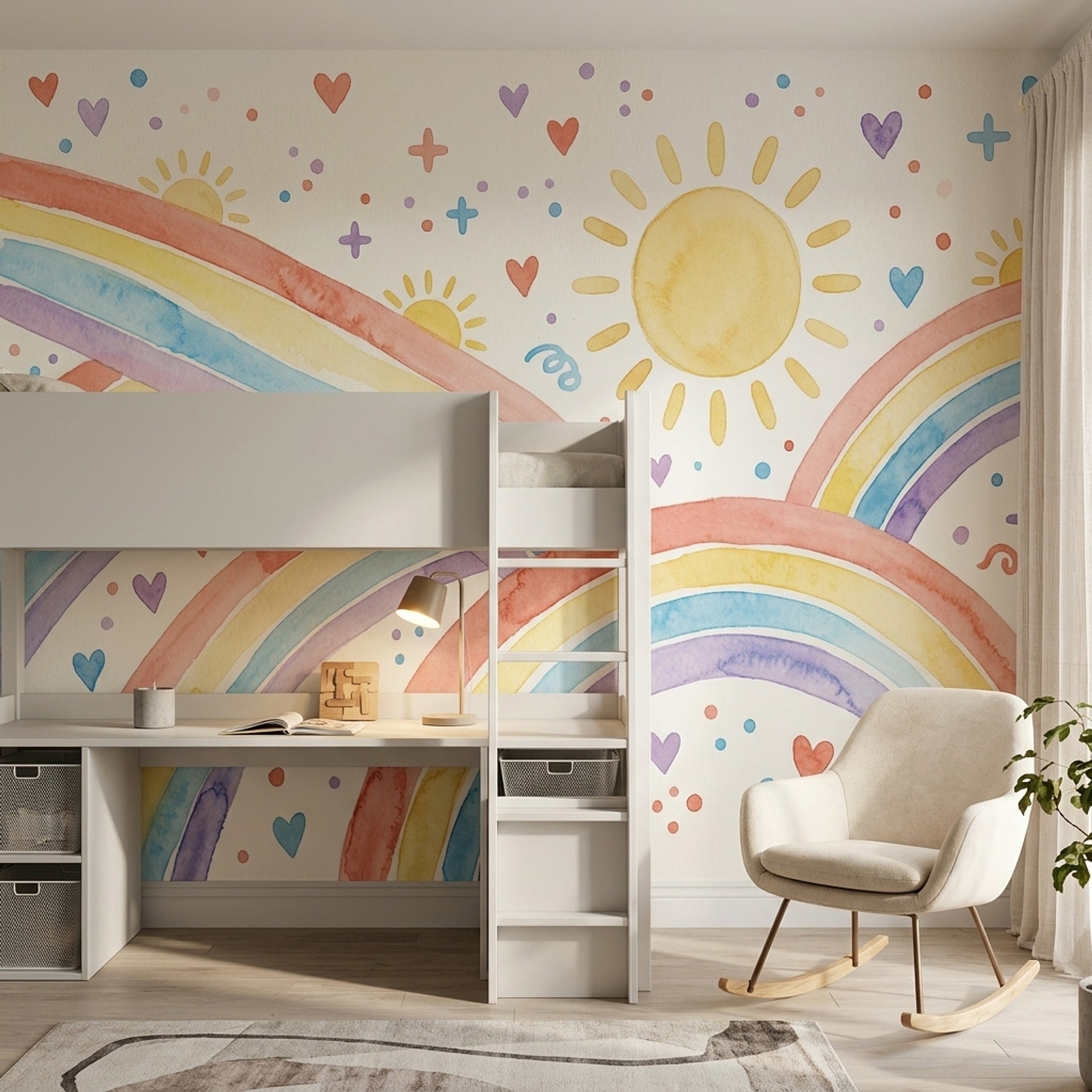Gökkuşağı ve Güneşli Poster Duvar Kağıdı Pastel Çocuk Odası