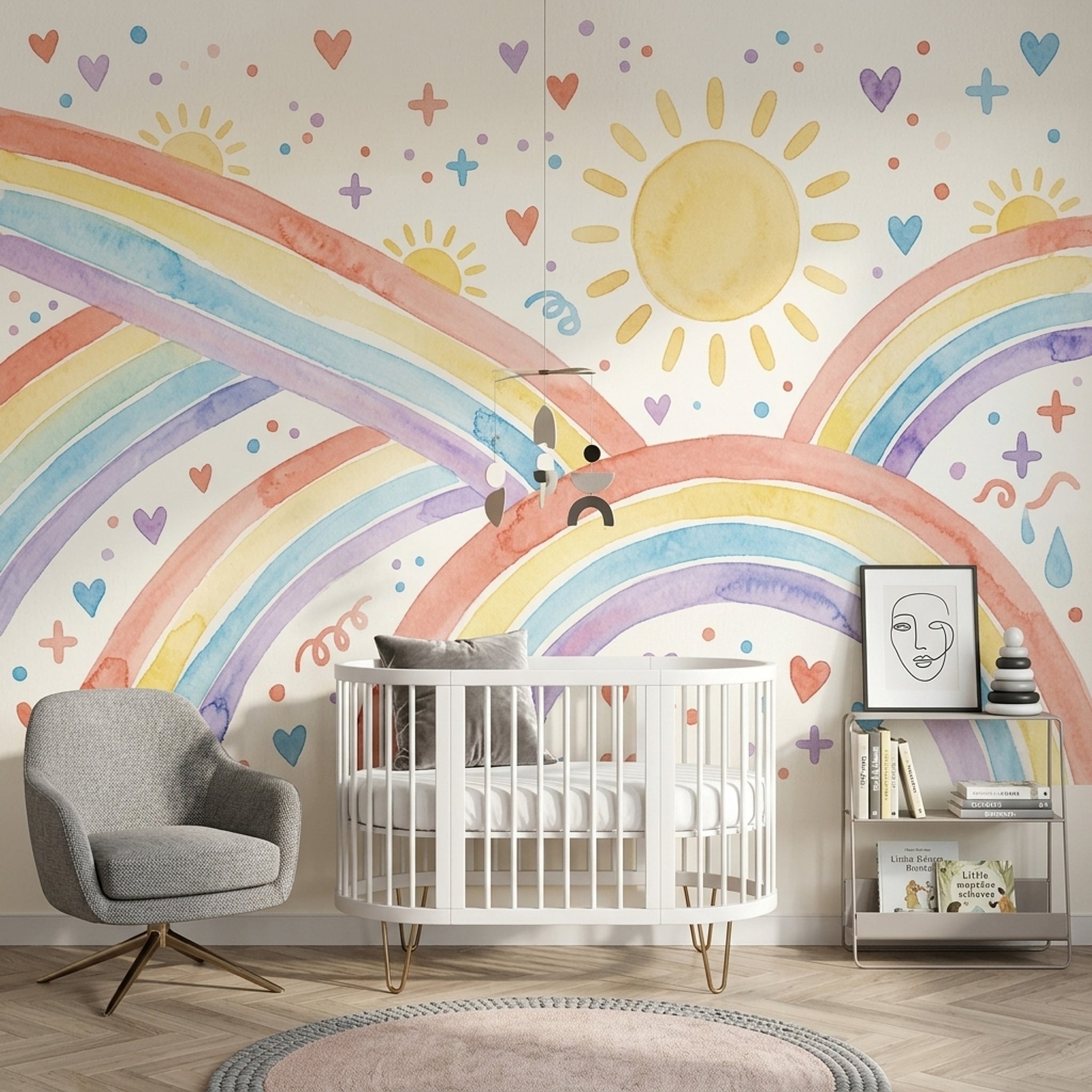 Gökkuşağı ve Güneşli Poster Duvar Kağıdı Pastel Çocuk Odası