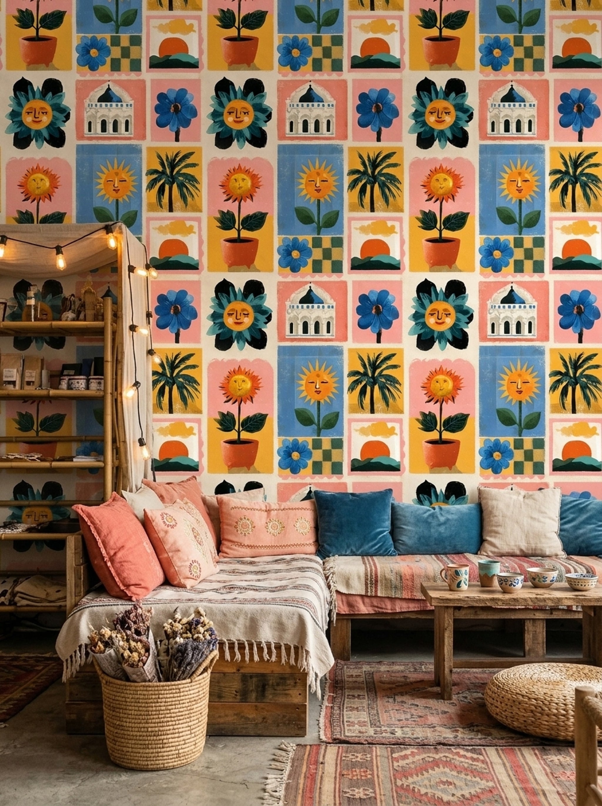 Retro İllüstrasyonlu Duvar Kağıdı Renkli Kare Desenli Salon