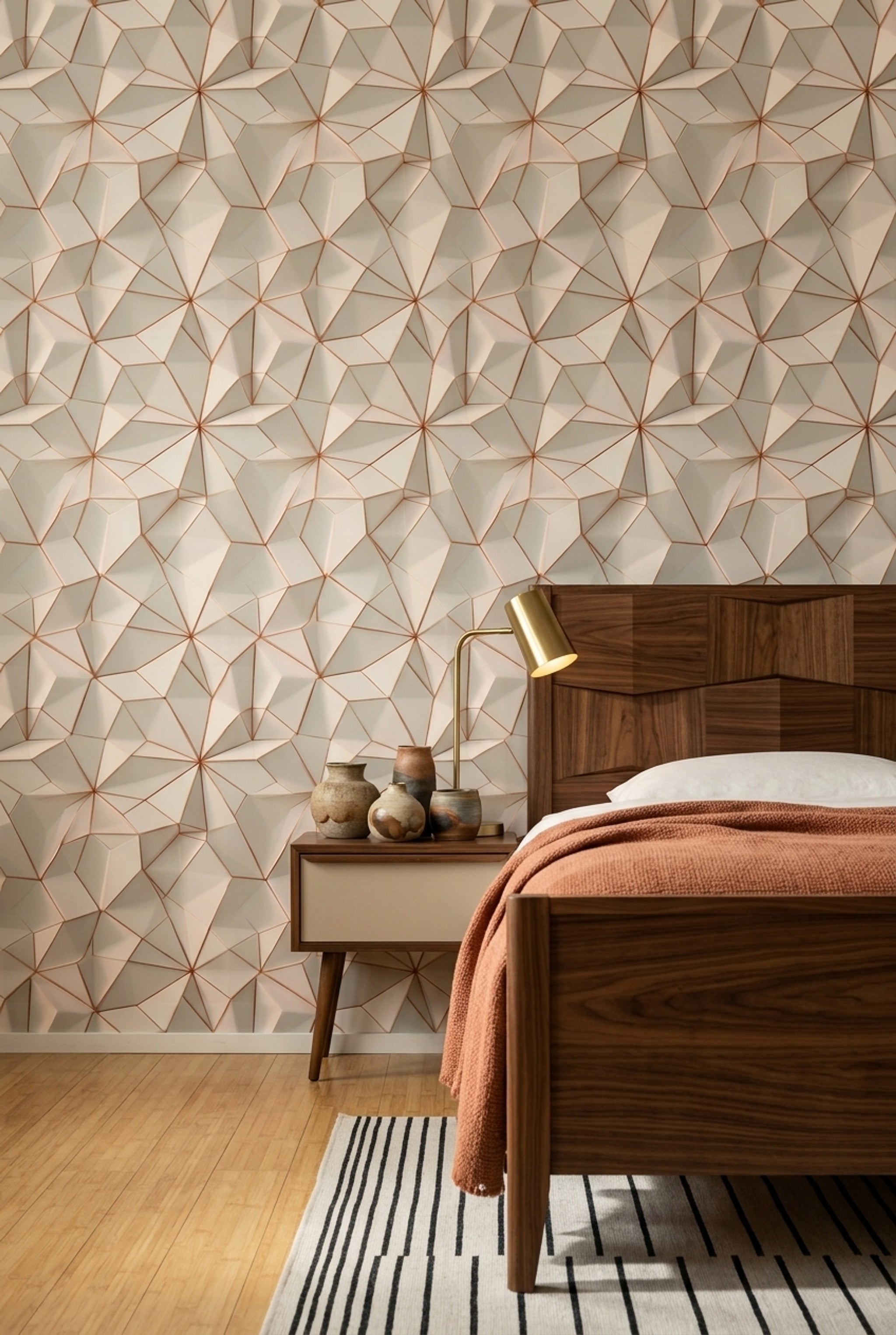 3 Boyutlu Geometrik Duvar Kağıdı Bej Bakır Çizgili Salon