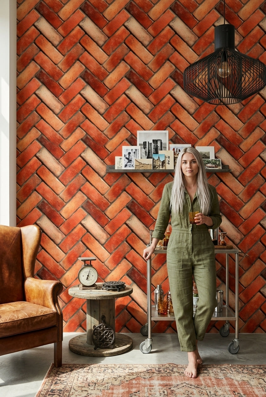 Tuğla Görünümlü Balıksırtı Duvar Kağıdı Kiremit Rengi Salon