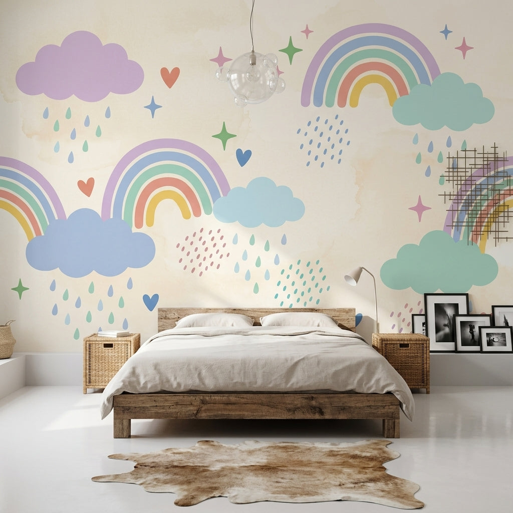 Pastel Gökkuşağı Poster Duvar Kağıdı Bulutlu Çocuk Odası