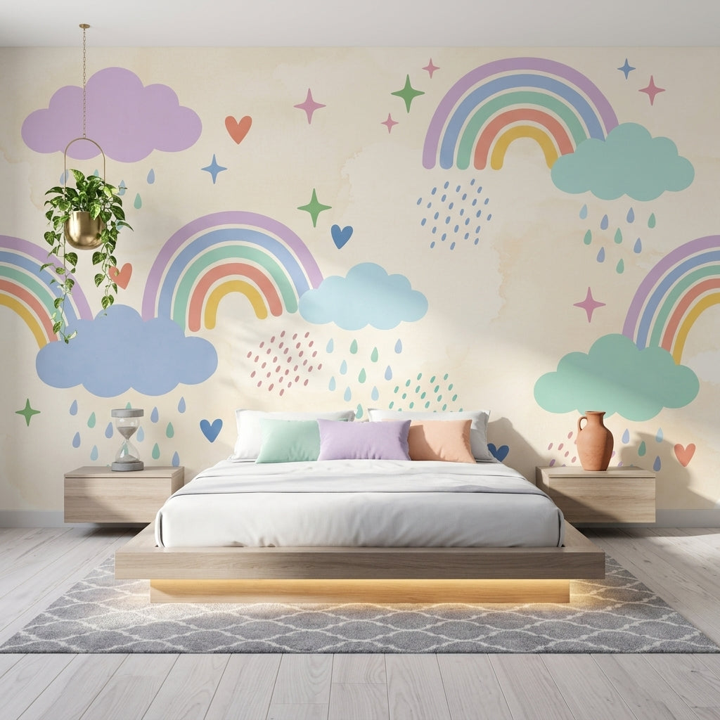 Pastel Gökkuşağı Poster Duvar Kağıdı Bulutlu Çocuk Odası