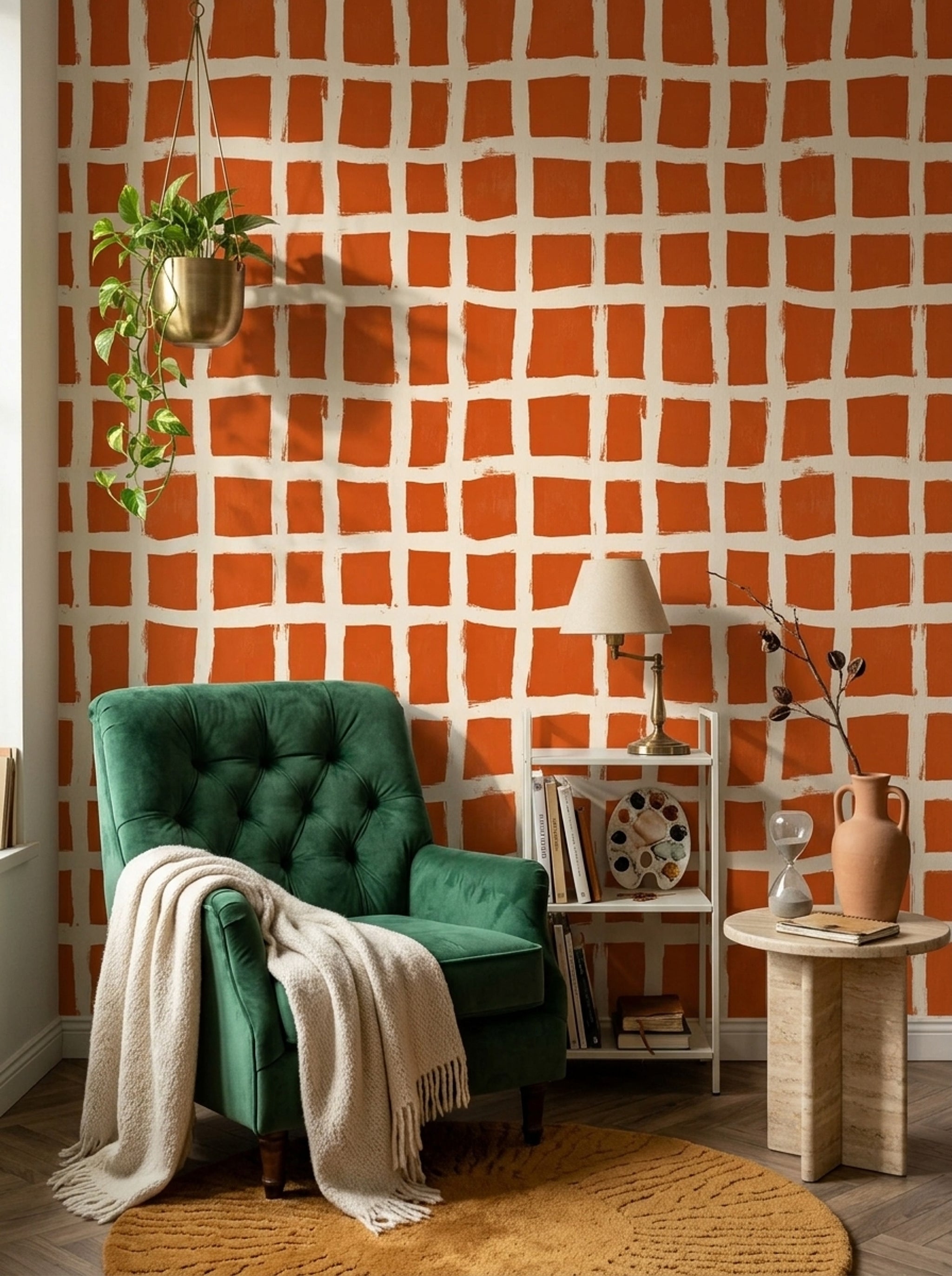 Turuncu Kareli Duvar Kağıdı Modern Geometrik Salon Duvarı