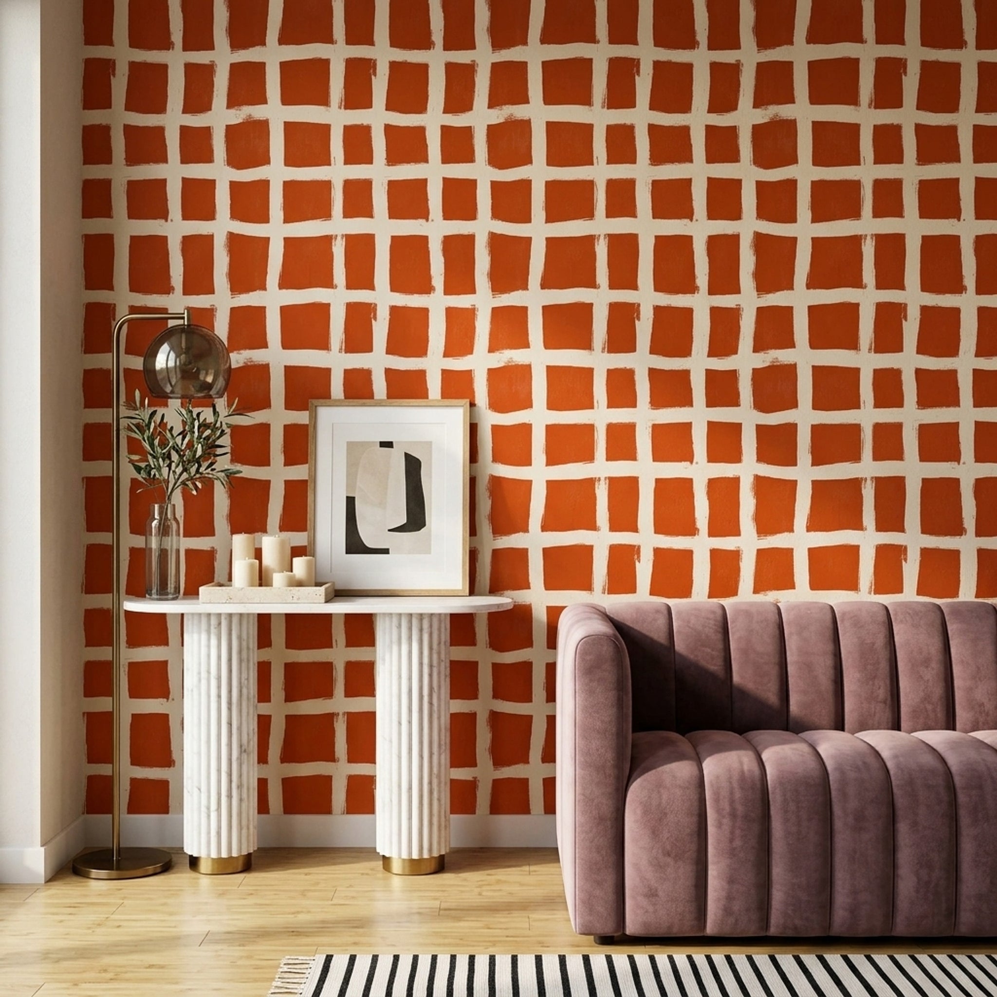 Turuncu Kareli Duvar Kağıdı Modern Geometrik Salon Duvarı