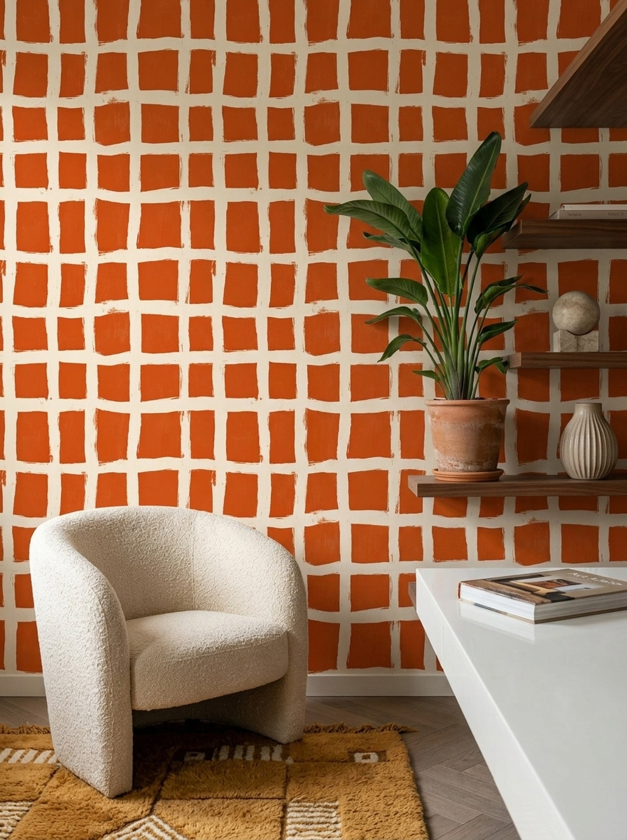 Turuncu Kareli Duvar Kağıdı Modern Geometrik Salon Duvarı
