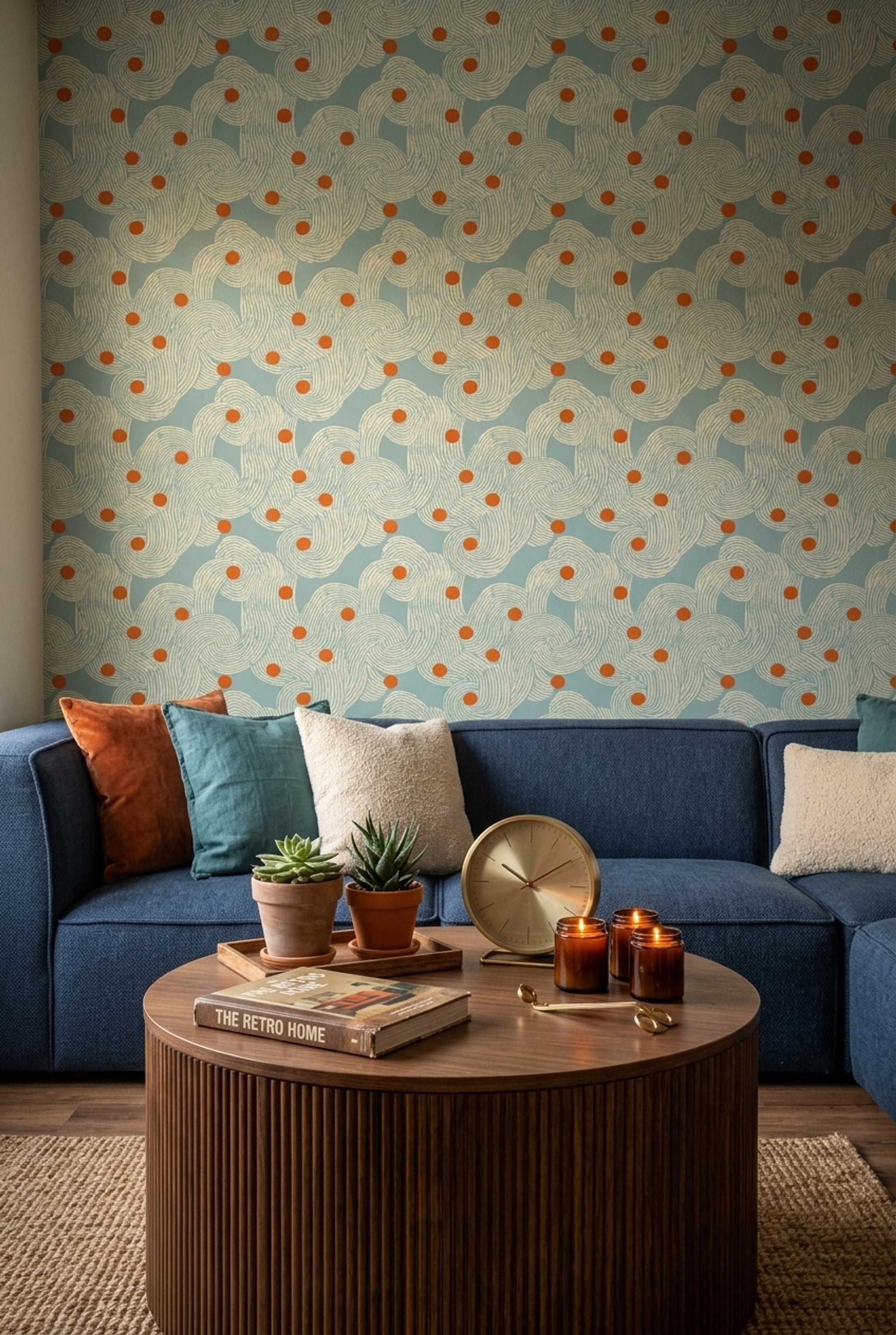 Retro Dalga Desenli Duvar Kağıdı Turkuaz Turuncu Noktalı Salon