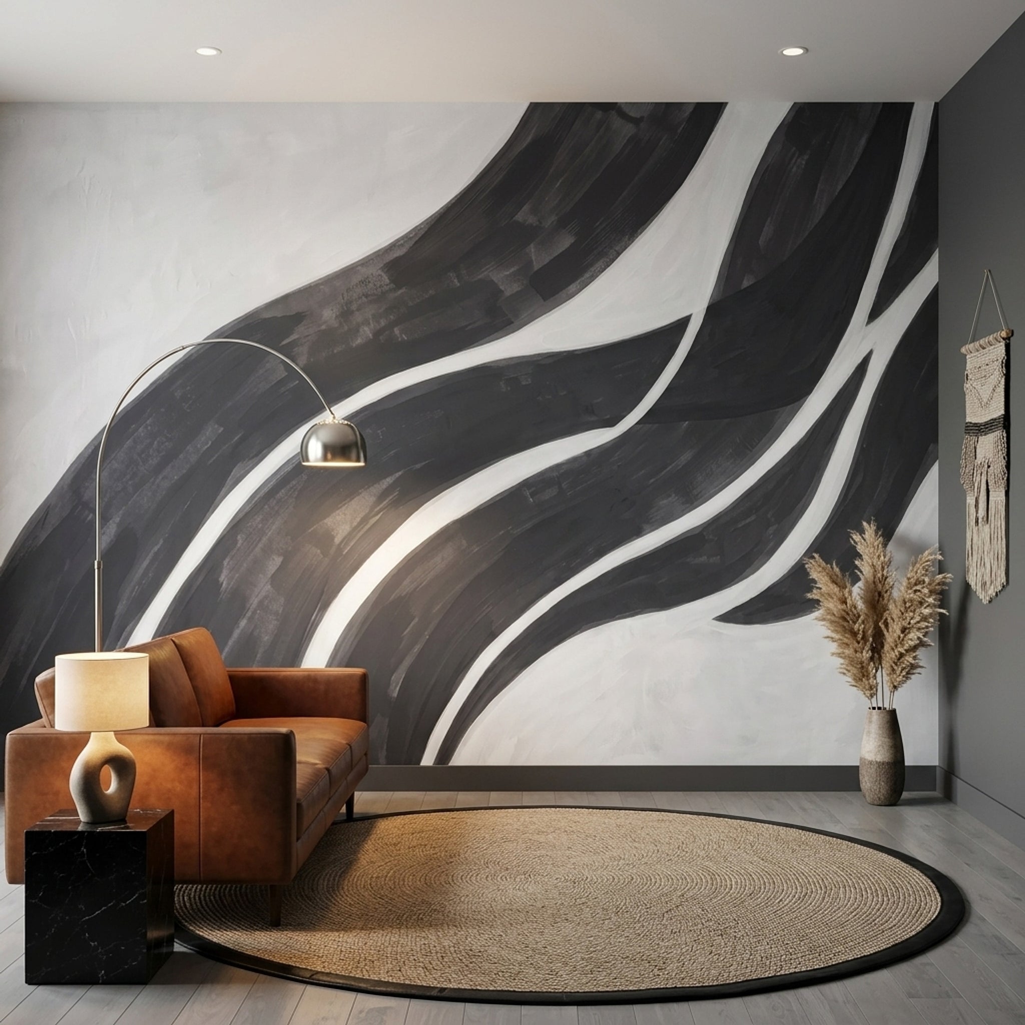 Siyah Beyaz Dalgalı Çizgili Poster Duvar Kağıdı Modern Salon