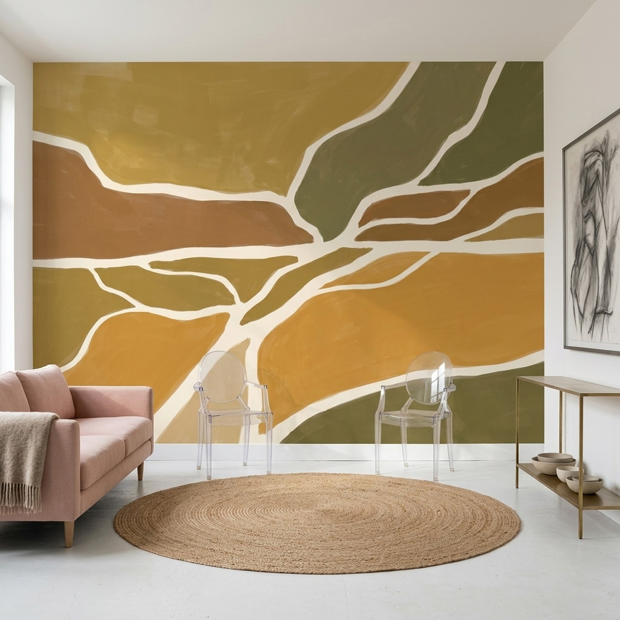 Soyut Nehir Haritası Poster Duvar Kağıdı Yeşil Hardal Tonlu
