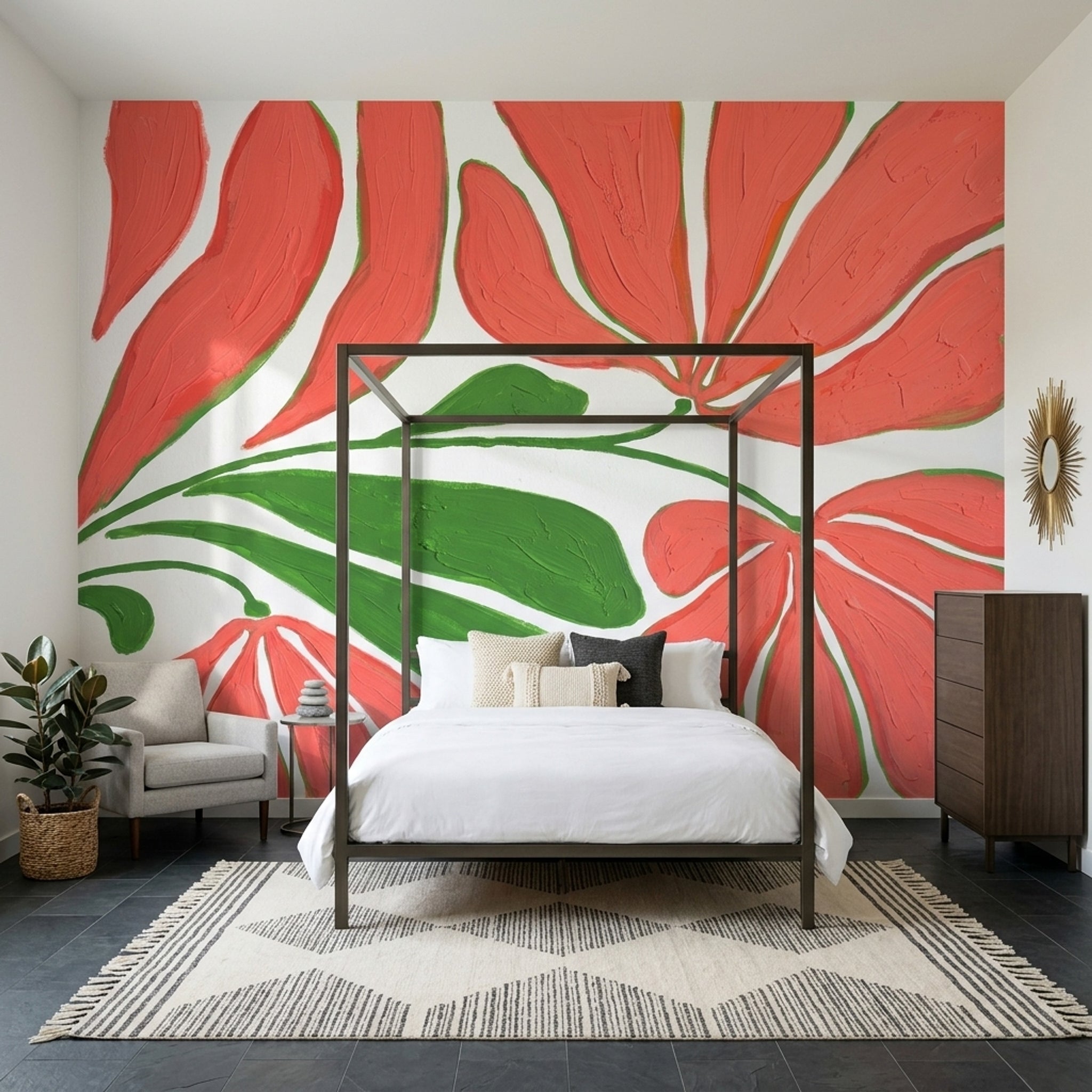 Kırmızı Büyük Çiçekli Poster Duvar Kağıdı Modern Salon