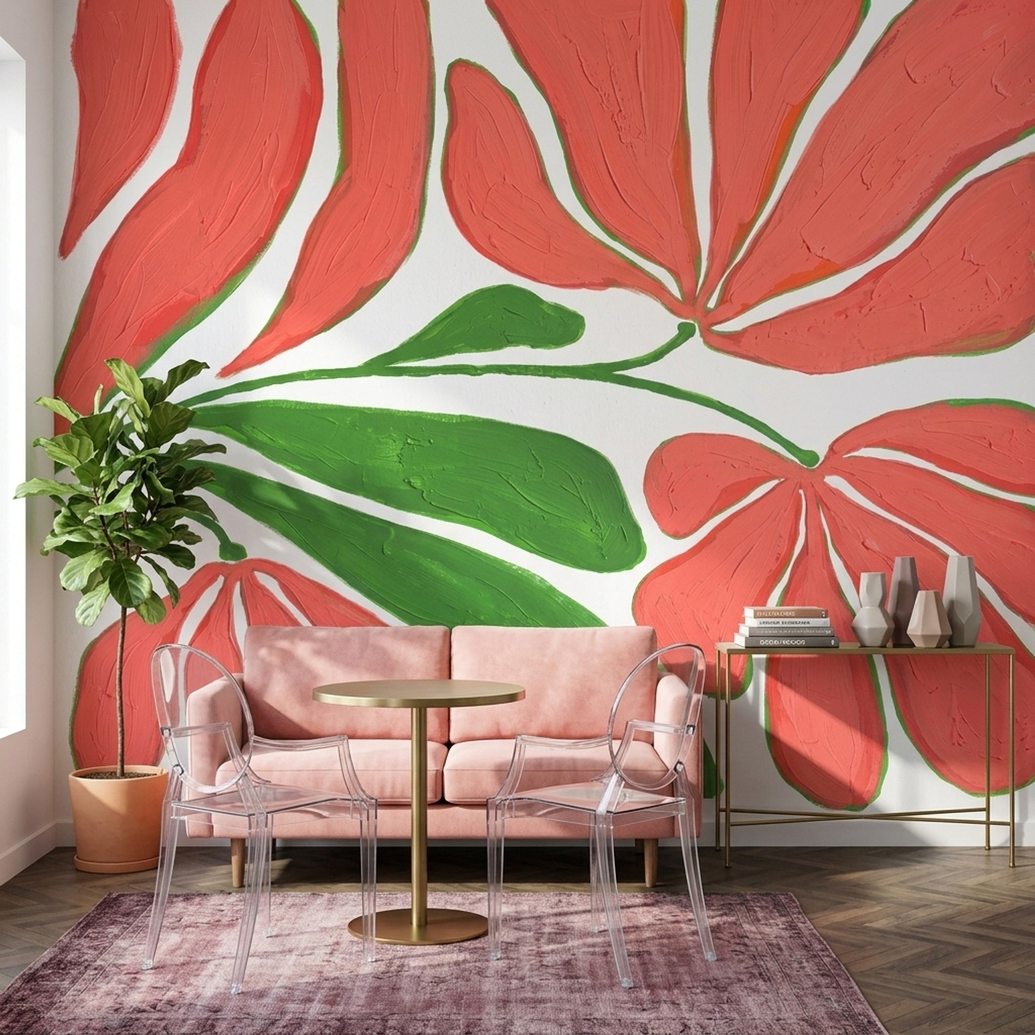 Kırmızı Büyük Çiçekli Poster Duvar Kağıdı Modern Salon