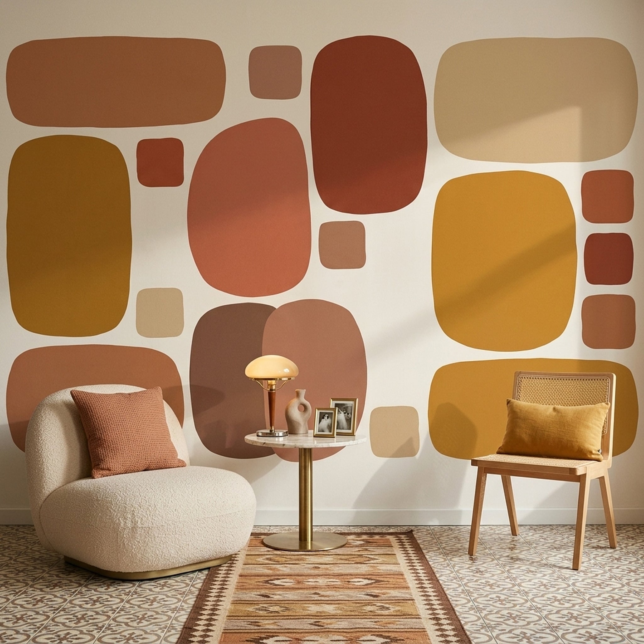 Renkli Geometrik Poster Duvar Kağıdı Terracotta Hardal Salon