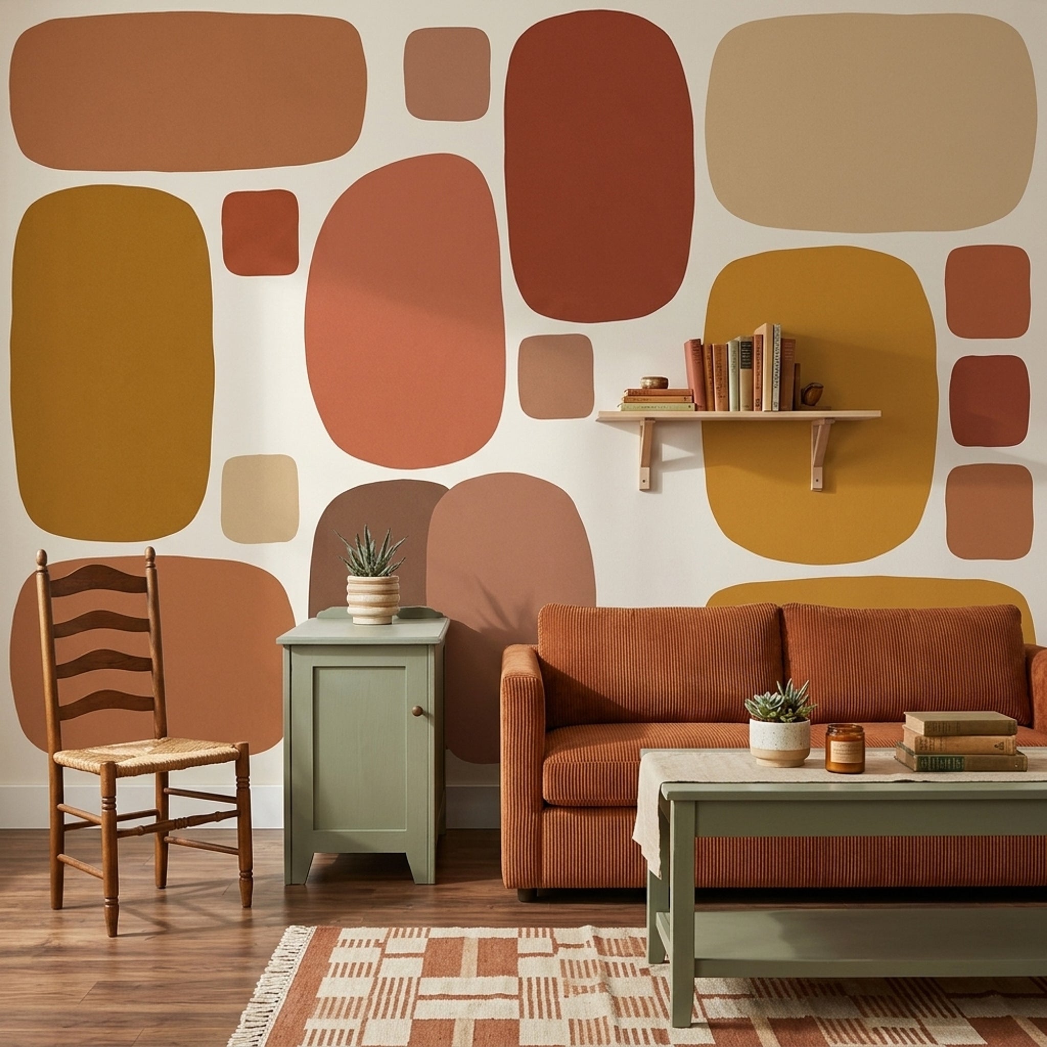 Renkli Geometrik Poster Duvar Kağıdı Terracotta Hardal Salon