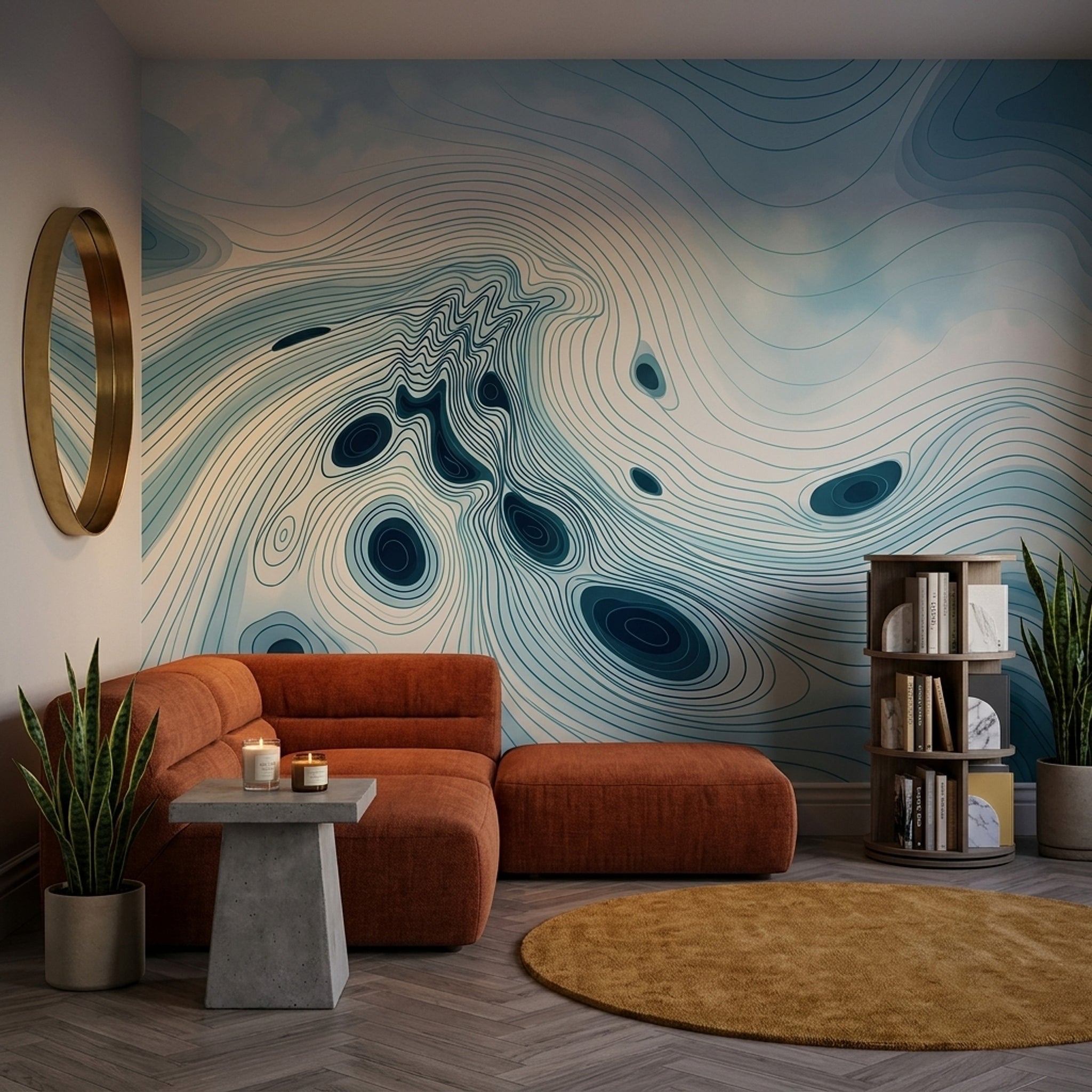 Soyut Topografik Çizgili Poster Duvar Kağıdı Mavi Salon
