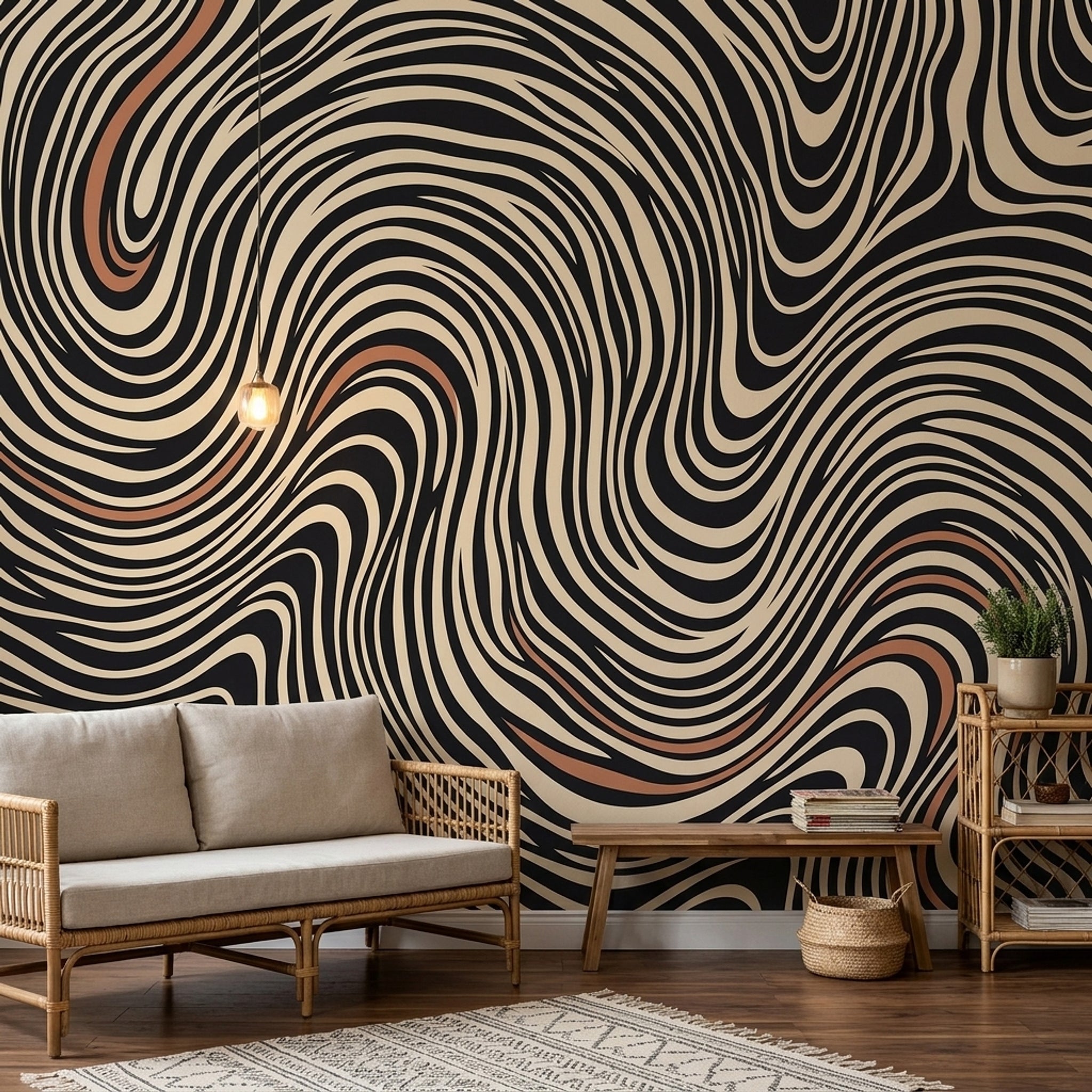 Soyut Dalgalı Çizgili Poster Duvar Kağıdı Siyah Bej Salon
