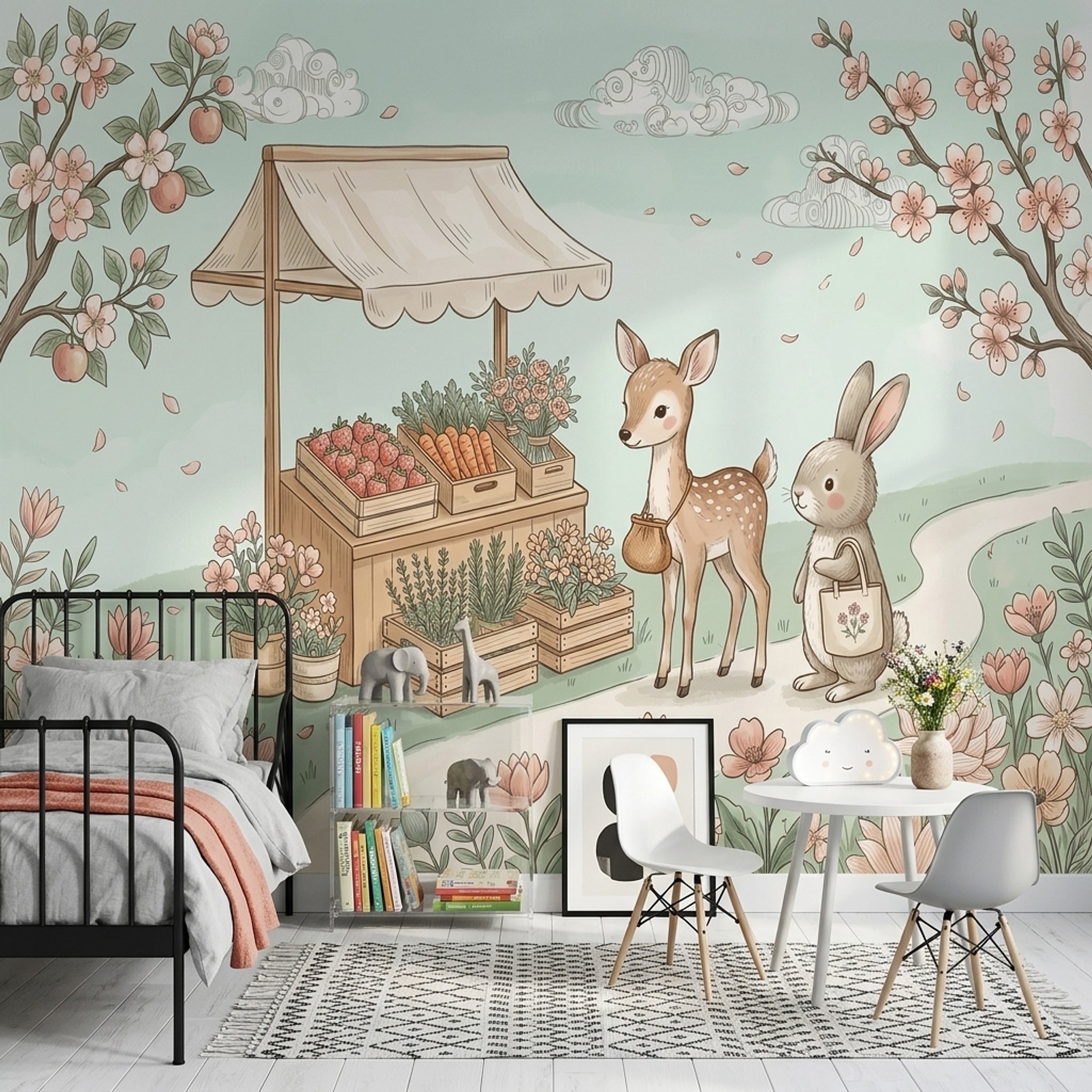 Tavşan ve Ceylanlı Poster Duvar Kağıdı Pastel Çocuk Odası