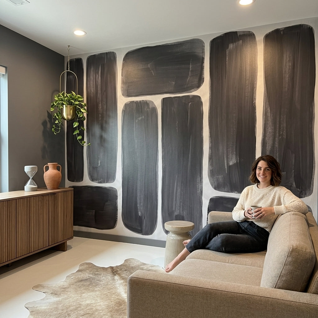 Soyut Fırça Darbeli Poster Duvar Kağıdı Siyah Bej Salon
